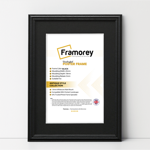 Black photo frame with black mount, Framorey handmade picture frame for wall display