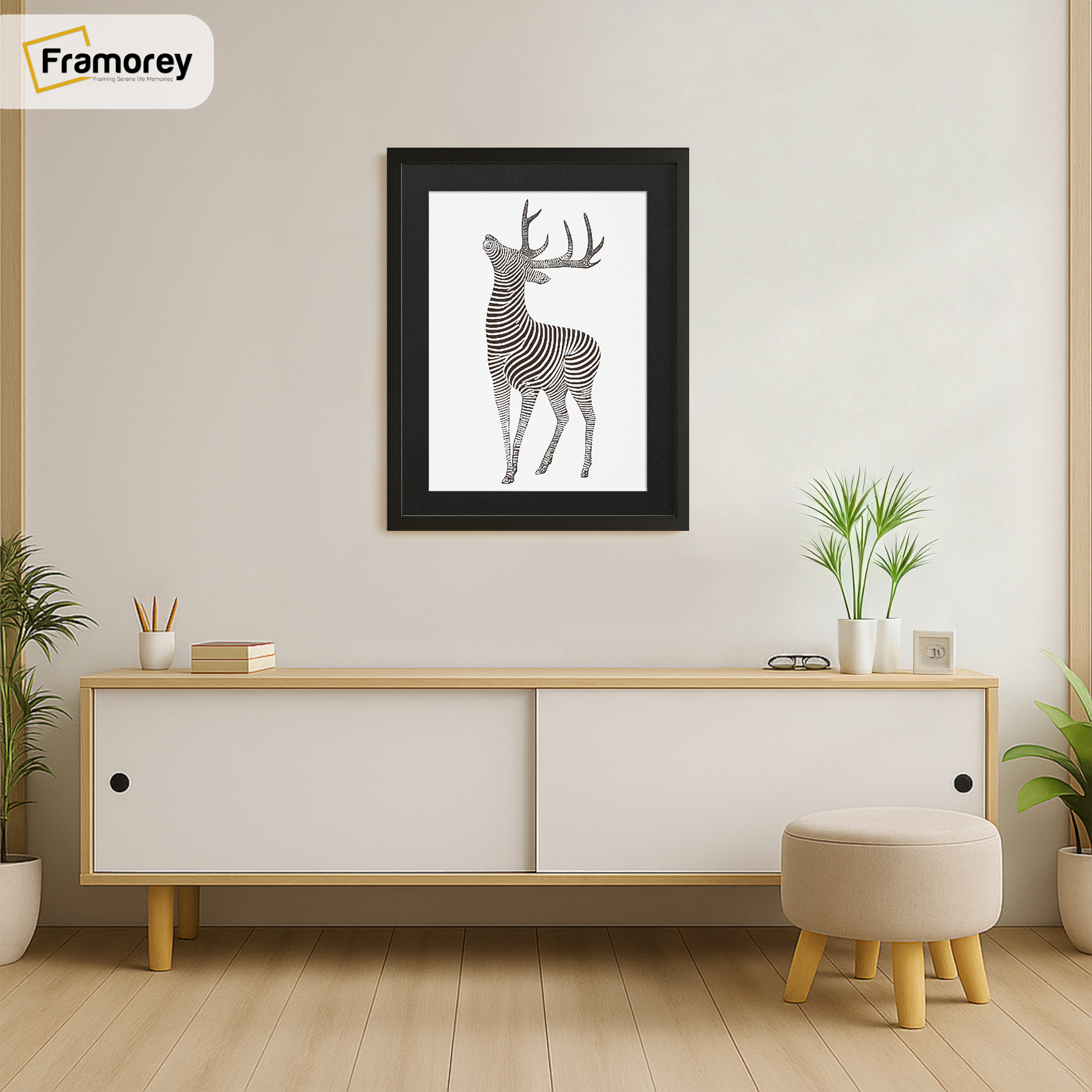 Thin Matt Black Picture Frame With Black Mount is hanging on a wall just over the Table