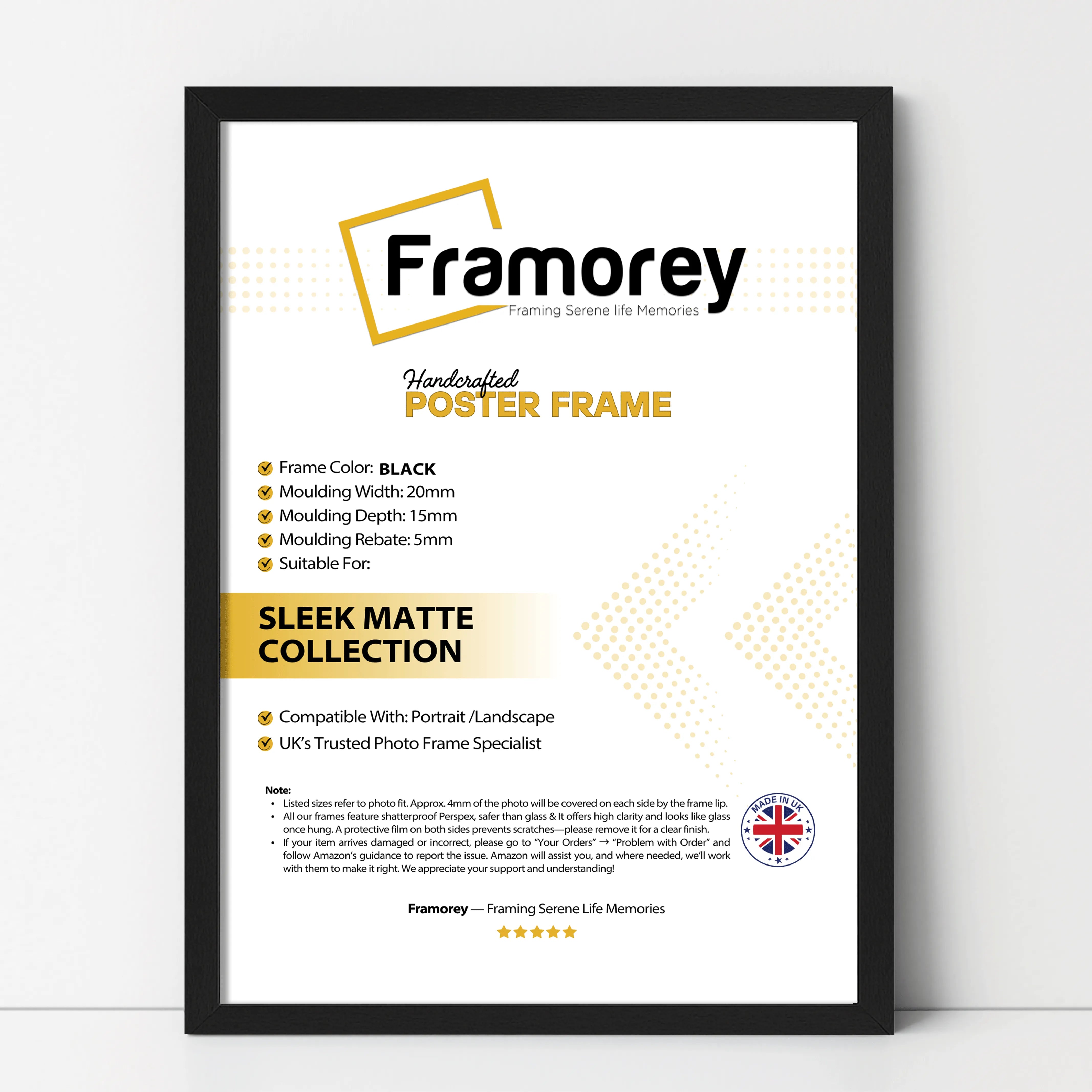 Black thin matt picture frame shown from front view on a plain white surface standing with a wall