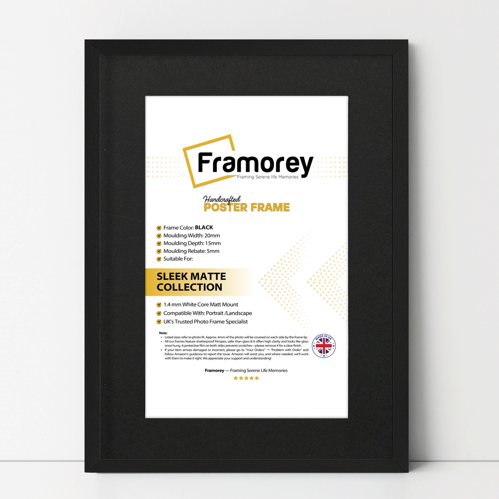 thin matt black picture frame with black mount shown from front view on a plain white surface standing with a wall