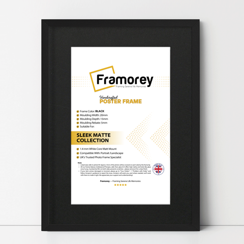 thin matt black picture frame with black mount shown from front view on a plain white surface standing with a wall