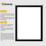 Black picture frame size guide line diagram showing outer picture frame dimensions and inner opening dimensions,  plus brief usage notes