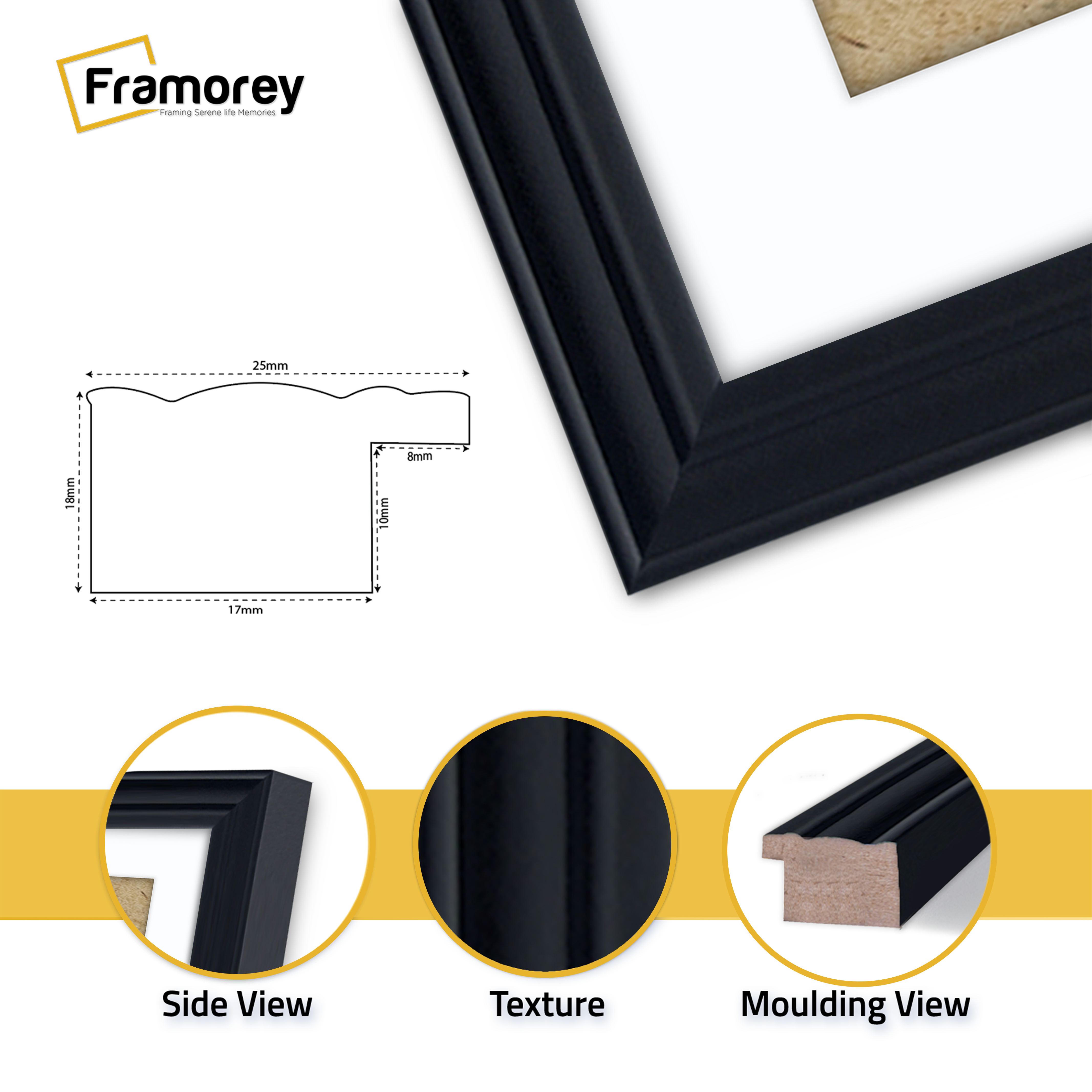 Black Picture Frame Close View Featuring Texture & Molding View