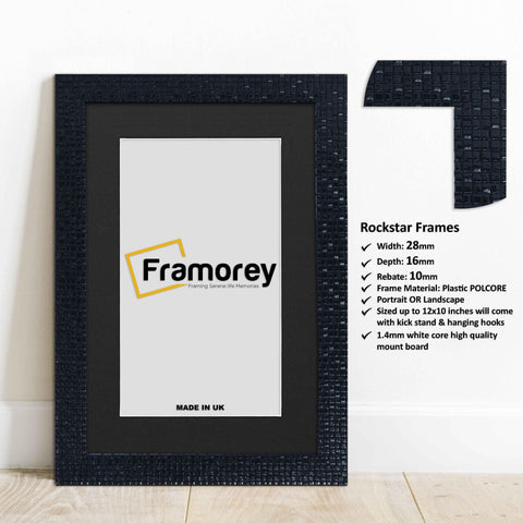 Black Picture Frame Photo Frame Rockstar Wall Art Frame With Black Mount on a wooden floor standing with the wall with some detail on its measurement on its right.