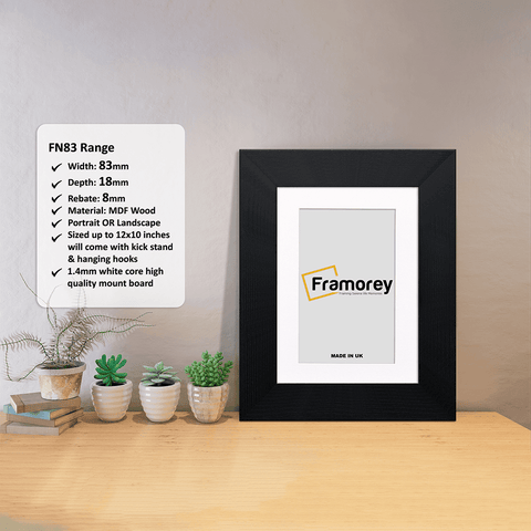 Black Picture Frame Poster Frame With White Mount with a Framorey logo inside the frame and some detail on its measurement place on the frame's left.