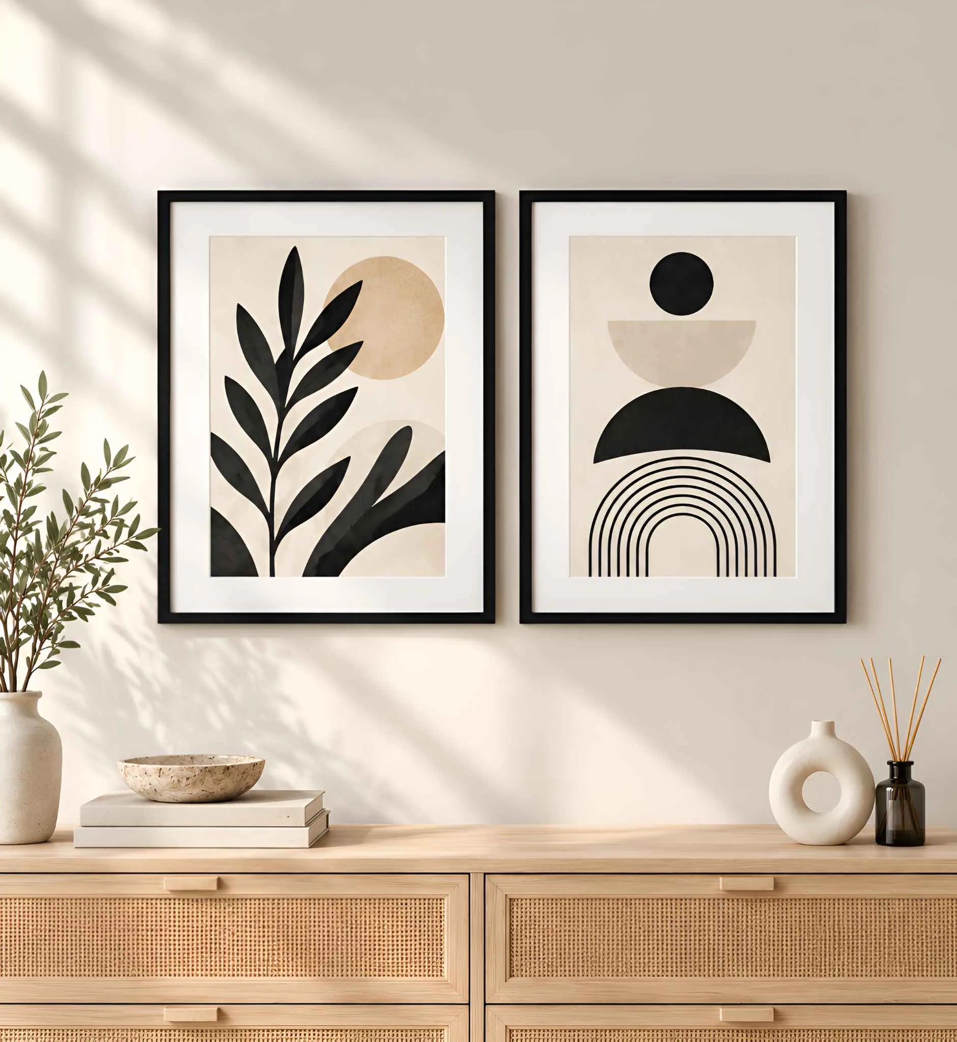 Pair Of Black Photo Frames With White Mounts Displaying Abstract Botanical Wall Art Prints