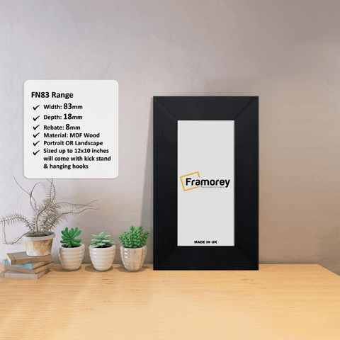Panoramic Picture Frames standing with a wall on a wooden surface with some detail on its measurement.