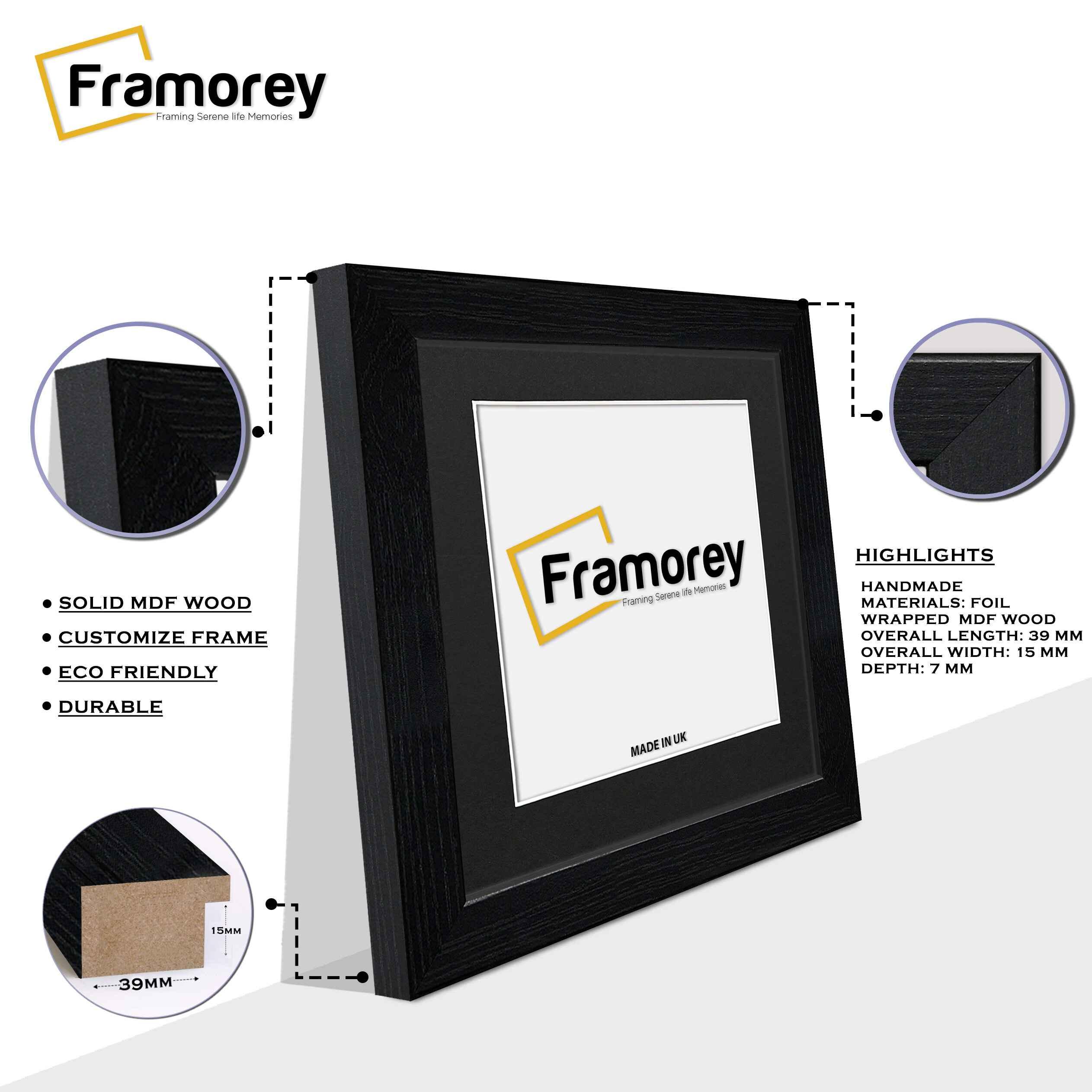 Side view of a Square Size Ash Black Photo Print Frames with Black mount with some focus on some of its parts.