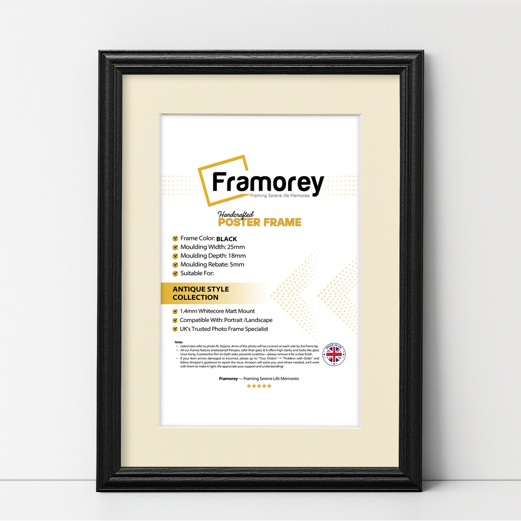 Black antique-style poster frame with ivory mount, Framorey handmade picture frame for wall display