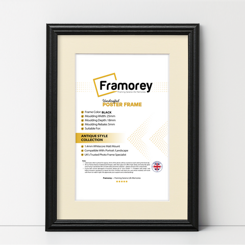 Black antique-style poster frame with ivory mount, Framorey handmade picture frame for wall display
