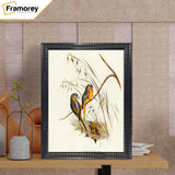 Black Square Style Poster Frame with two birds picture in it and laced on a wooden bench.