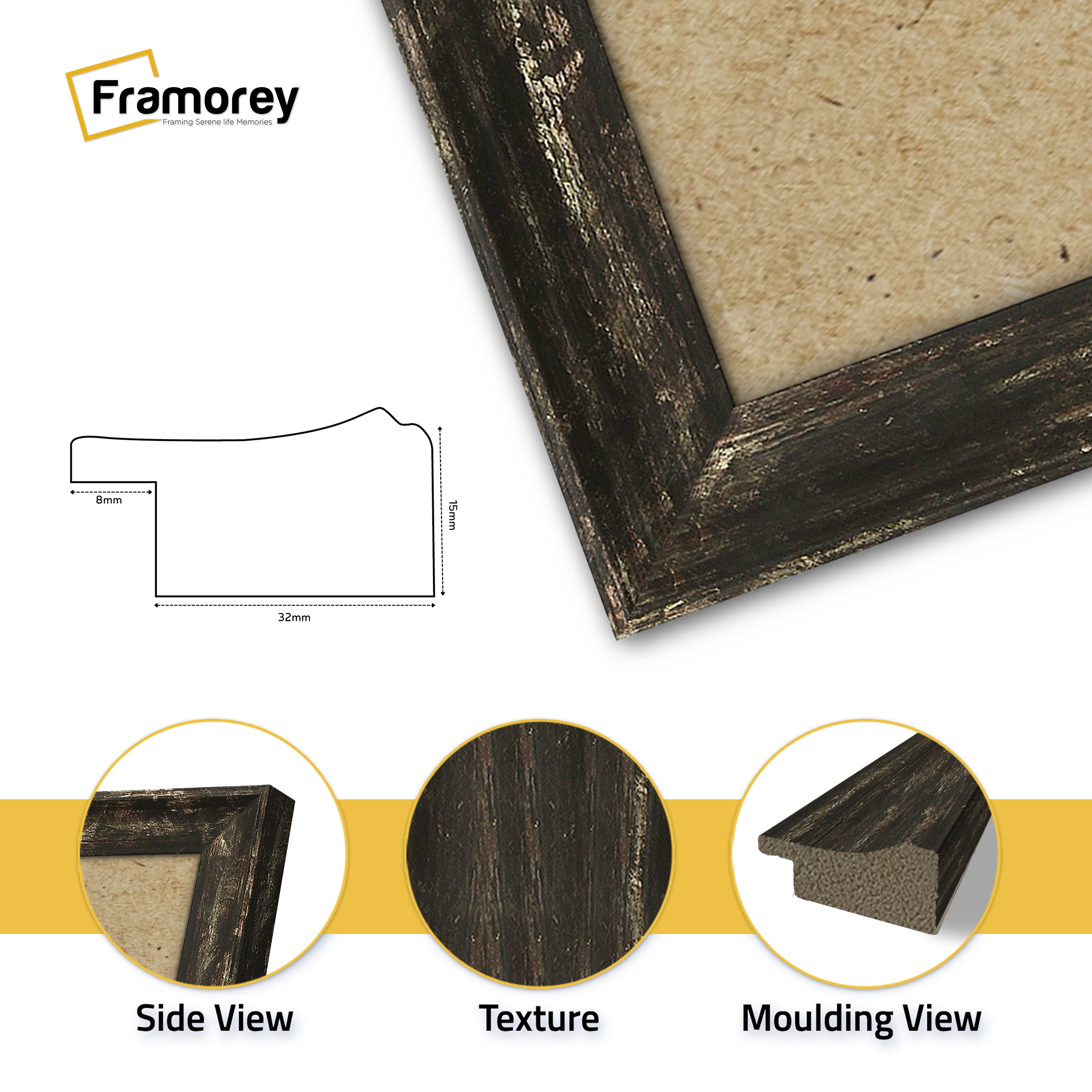 Close‑up of a black vintage distressed picture frame showing textured aged finish, side view and molding view