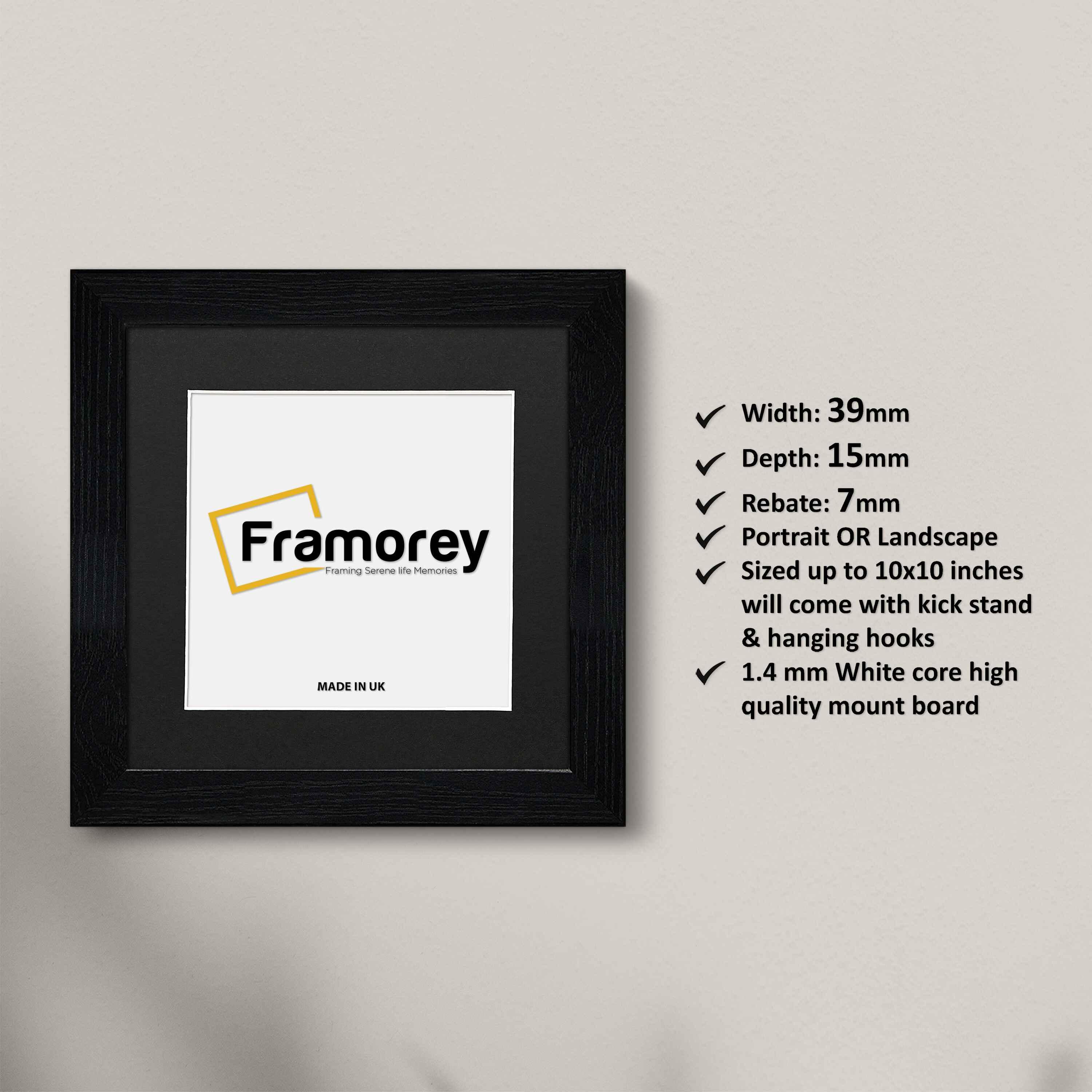 Square Size Ash Black Picture Frames with Black mount with some details .