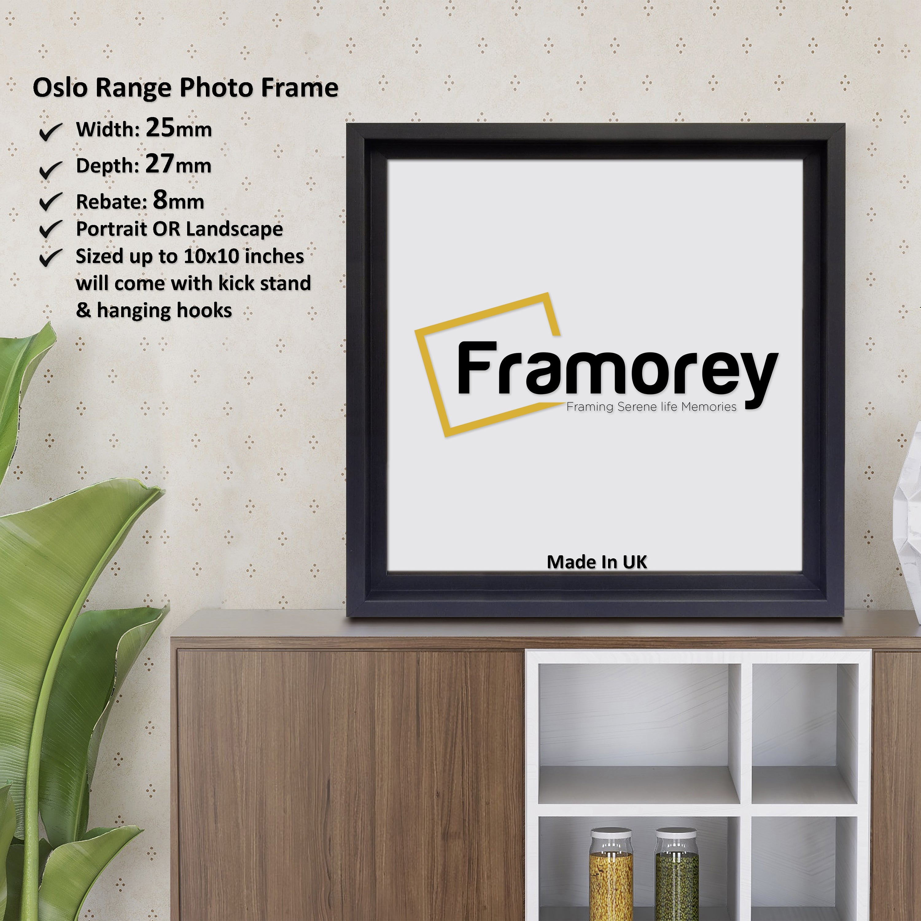 Square Size Black Oslo Poster Frames on a wooden table standing with the wall with some detail on its measurement.