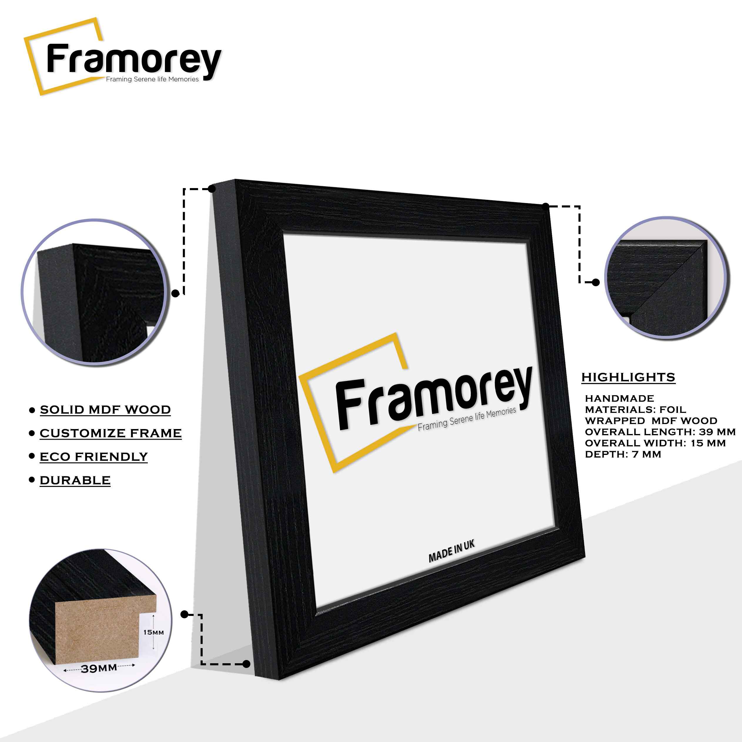 Square Size Black Picture Frames Handmade Wooden Effect Photo Frames