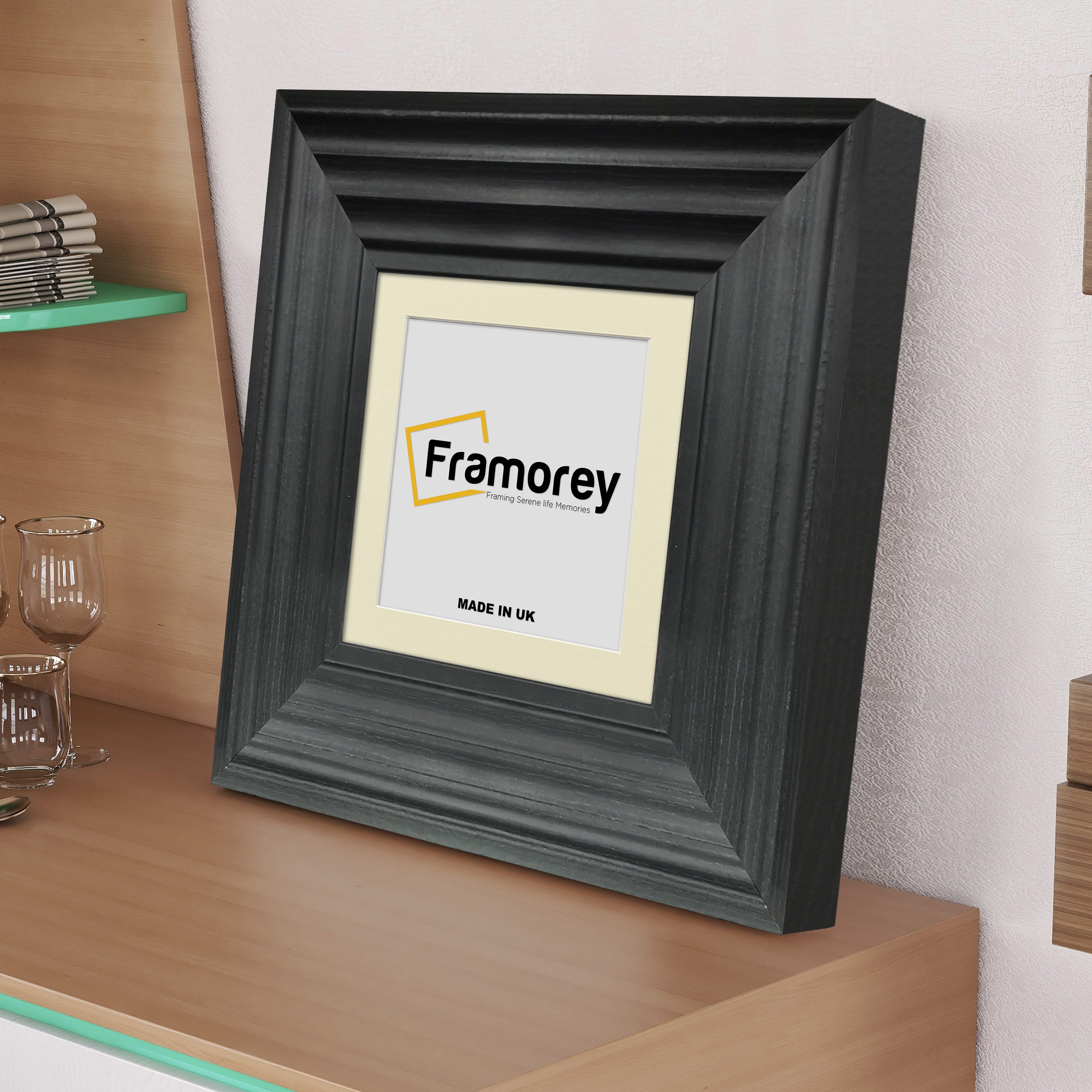 Square Black Wooden Picture Frame Big Step Style with Ivory Mount