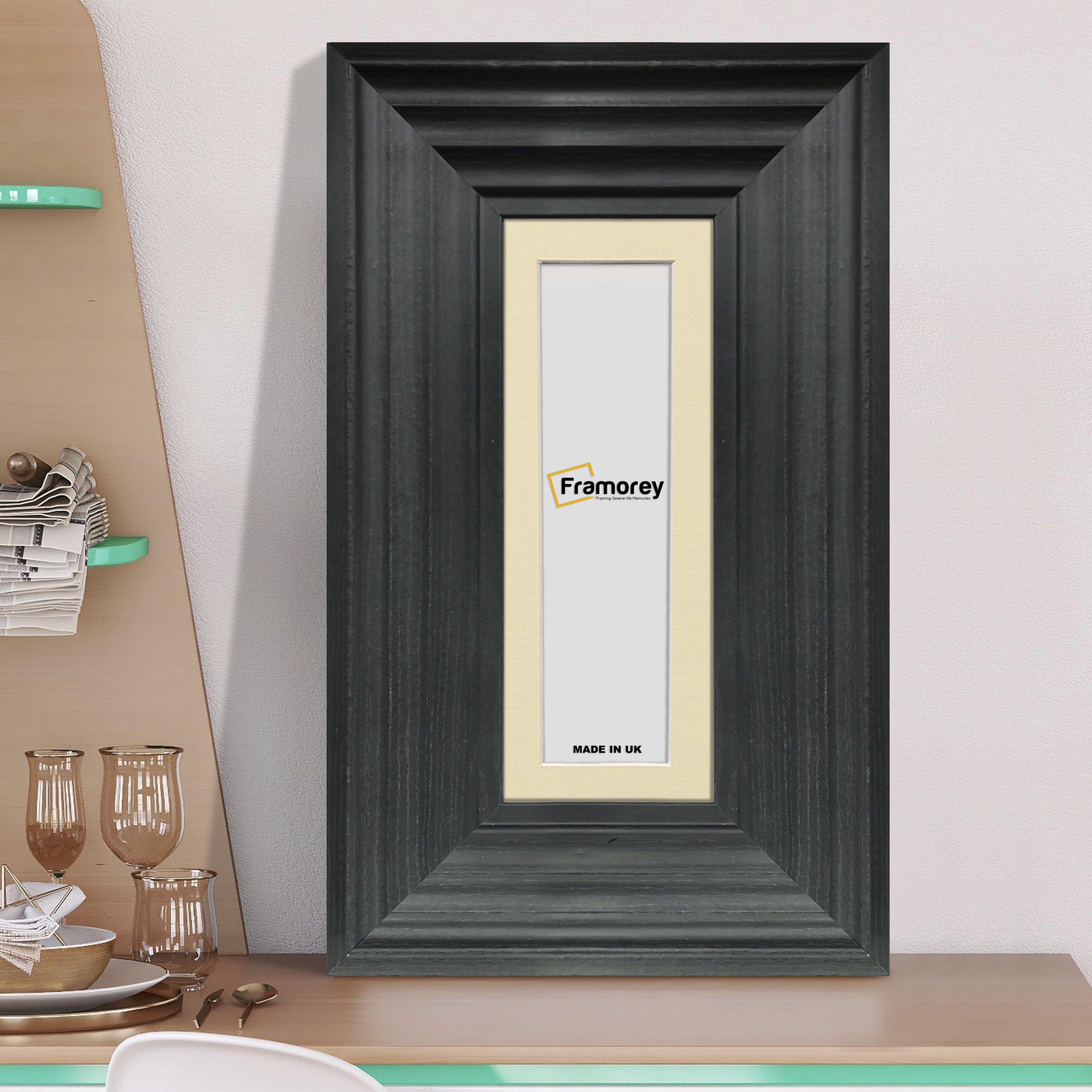 Panoramic Size Black Wooden Picture Frame Big Step Style with Ivory Mount