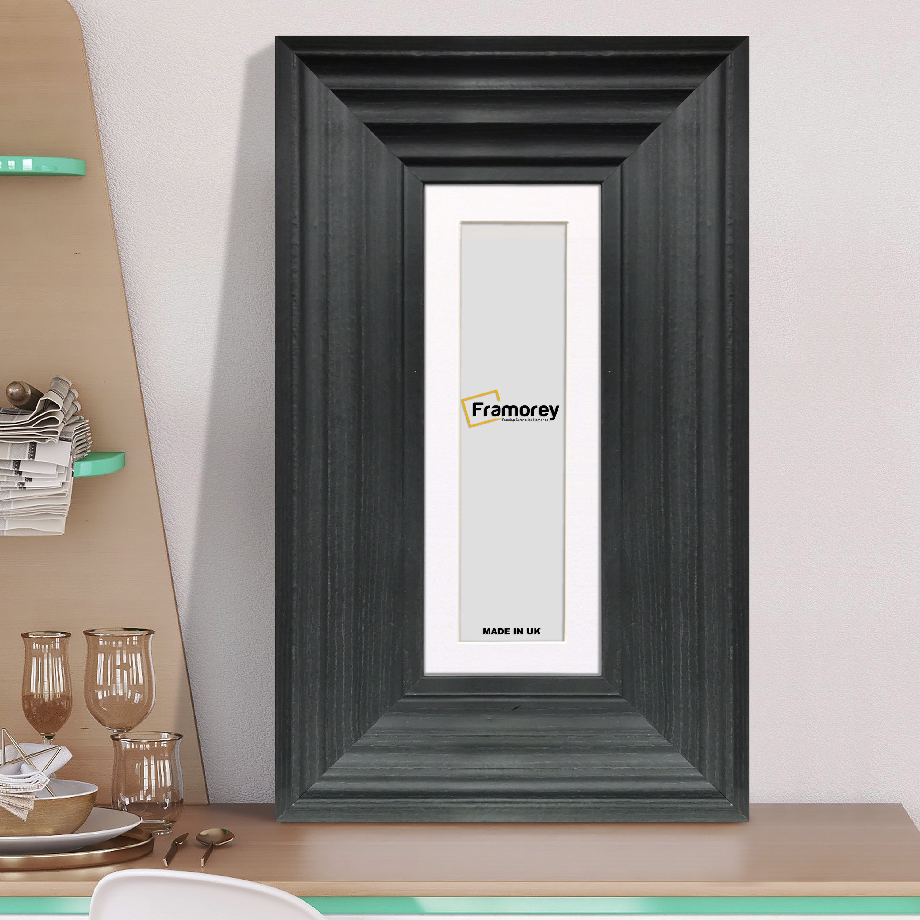 Panoramic Black Wooden Picture Frame Big Step Style, With White Mount