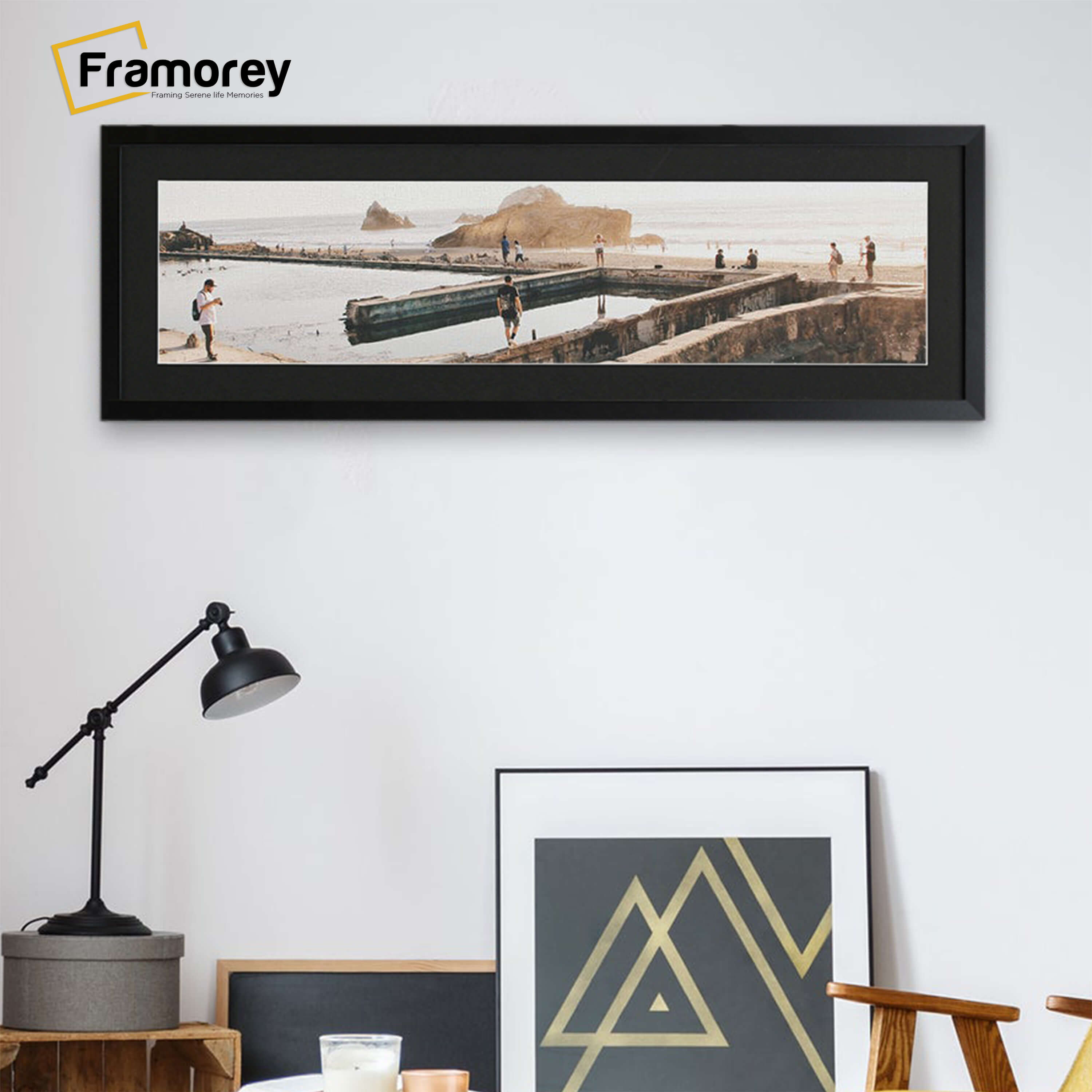 Panoramic Solid Wood Black Pictures Frames With Black Mount