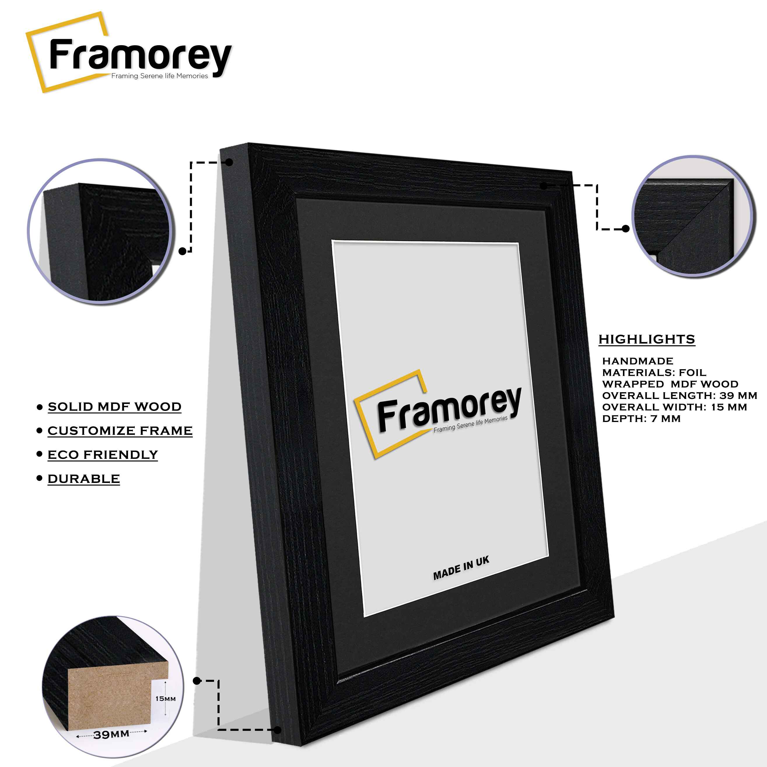 Black Picture Frames Handmade Wooden with Black Mount