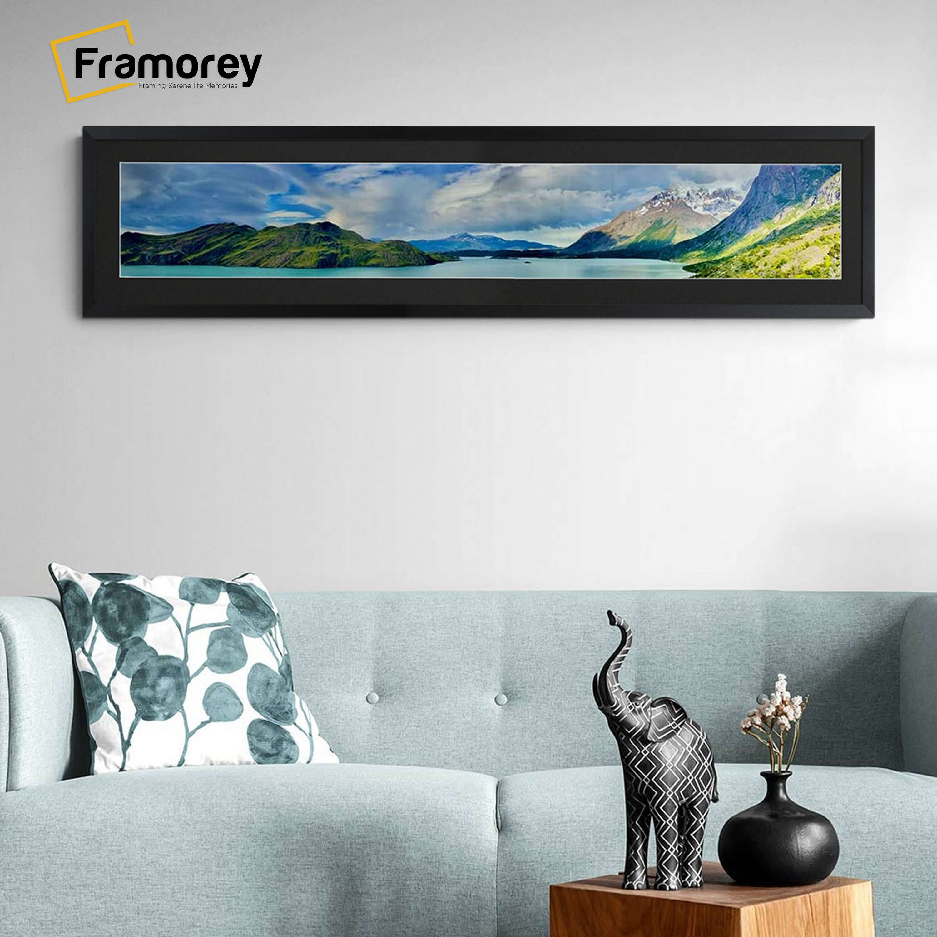 Panoramic Solid Wood Black Pictures Frames With Black Mount