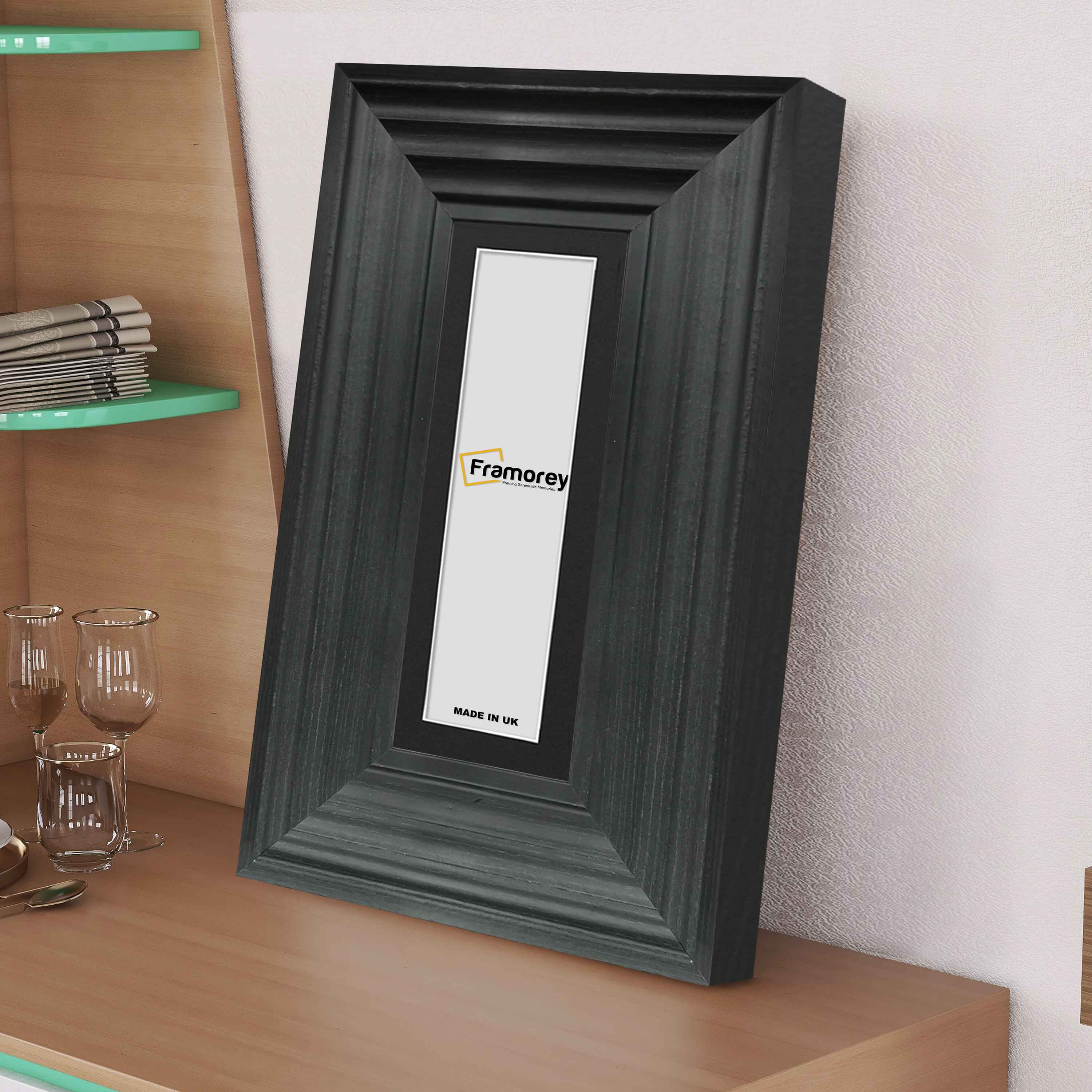 Panoramic Size Black Wooden Picture Frame Big Step Style, With Black Mount