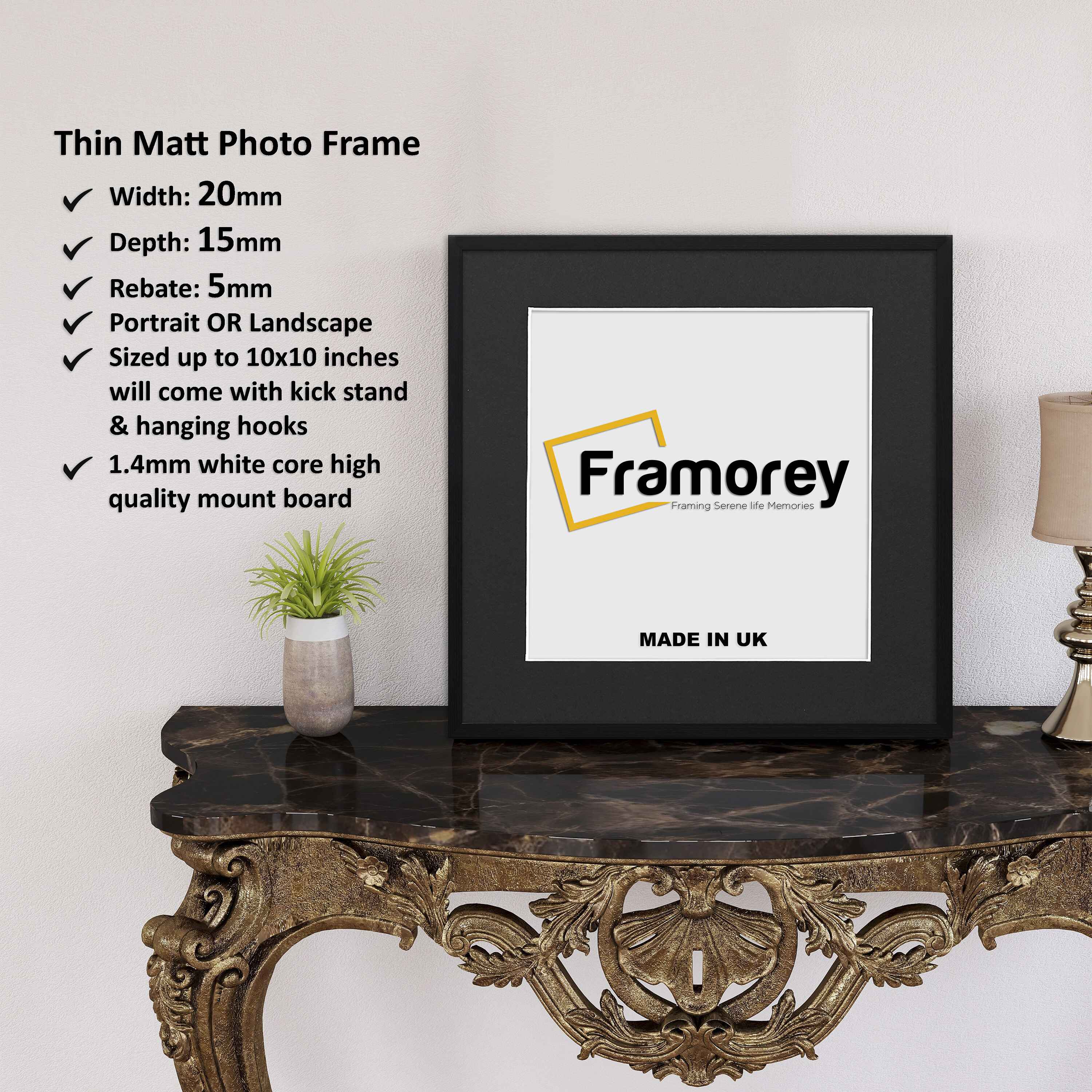 Square Solid Wood Black Picture Frames with white Mount