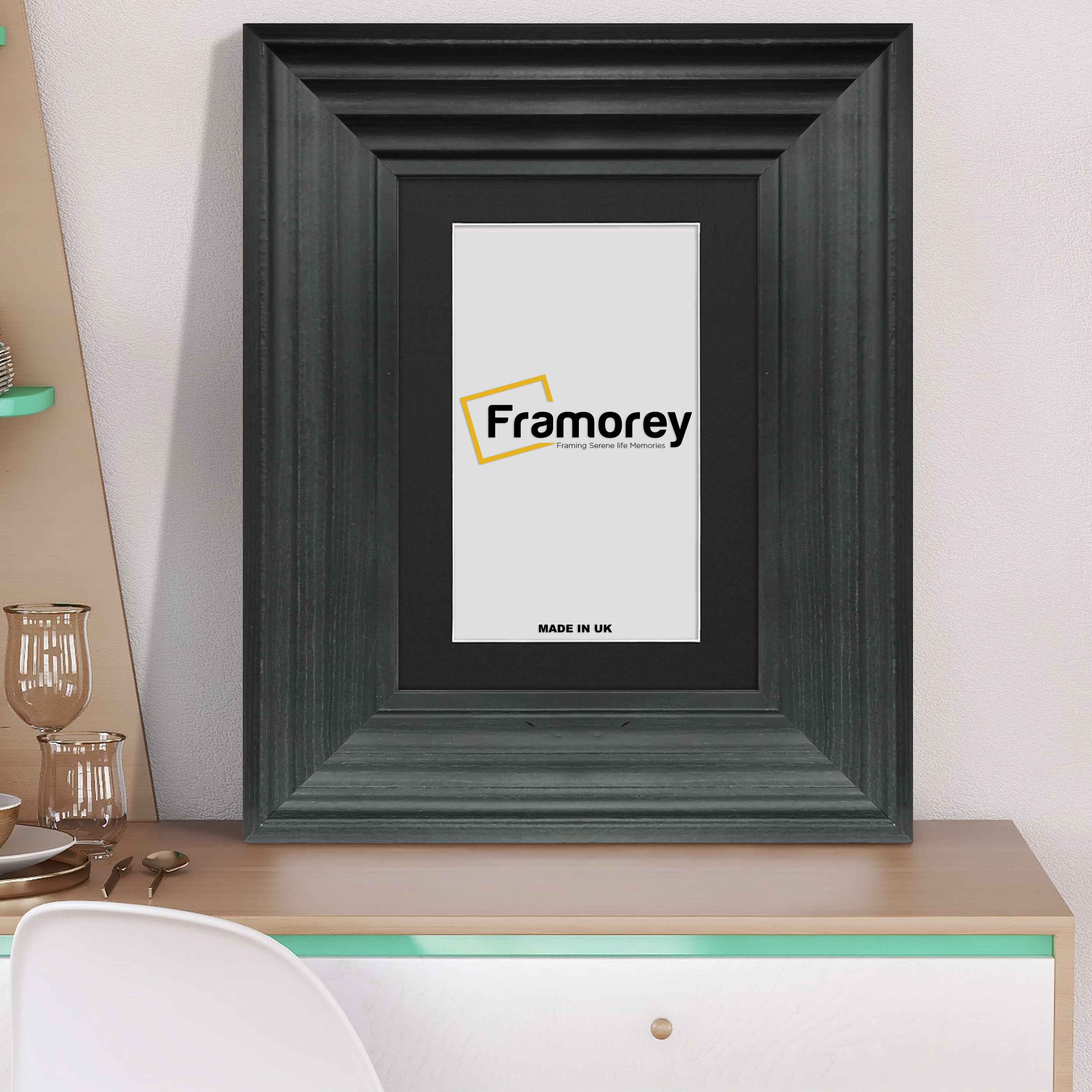 Black Wooden Picture Frames Big Step Style, With Black Mount