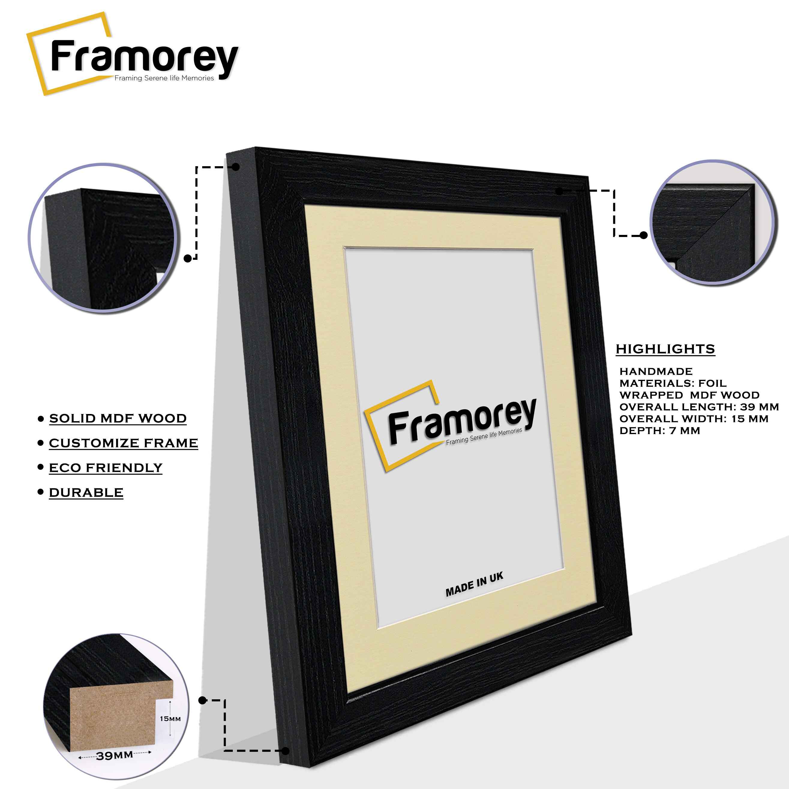 Black Picture Photo Frames Handmade Wooden Effect Poster Frames With Ivory Mount