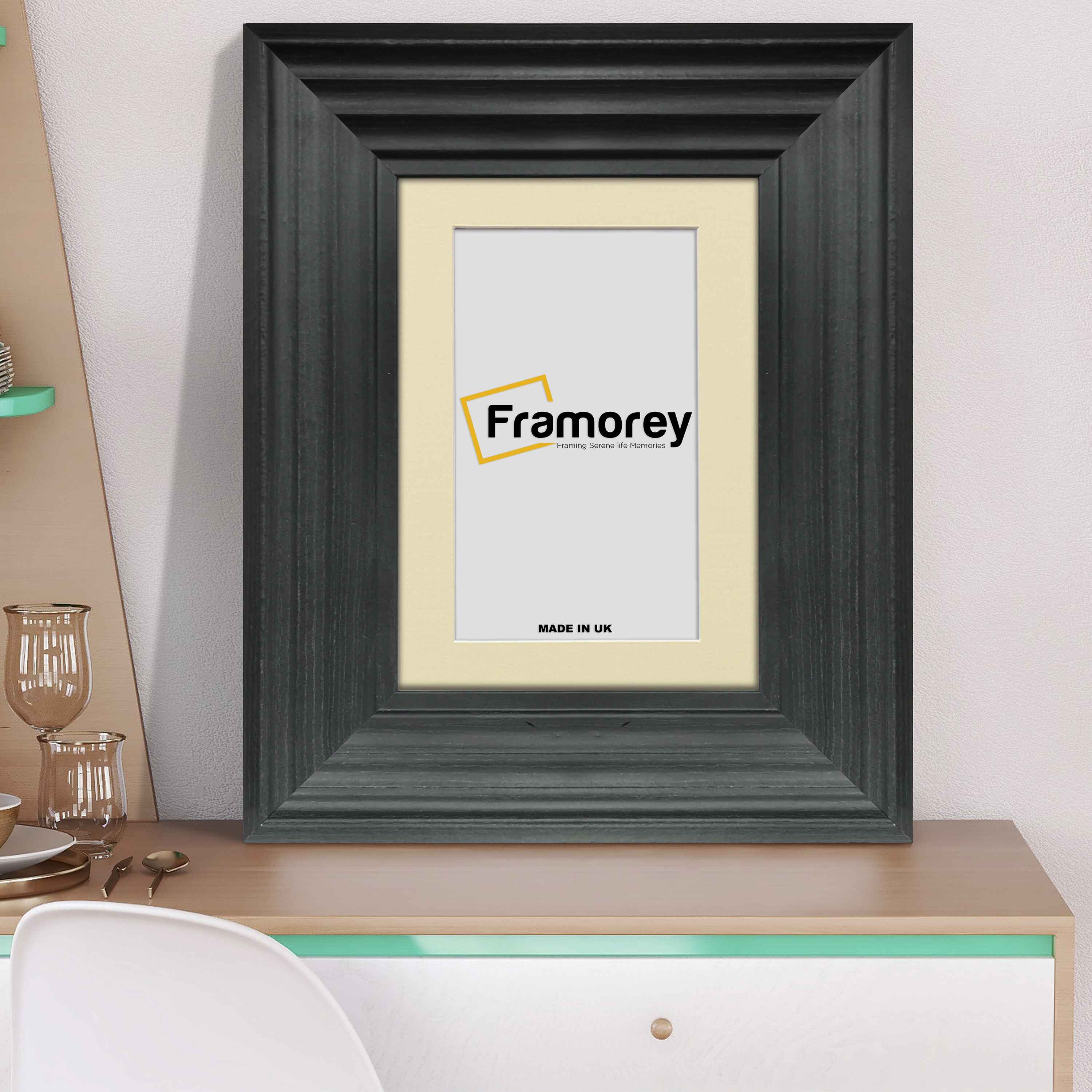 Black Wooden Picture Frames Big Step Style, With Ivory Mount