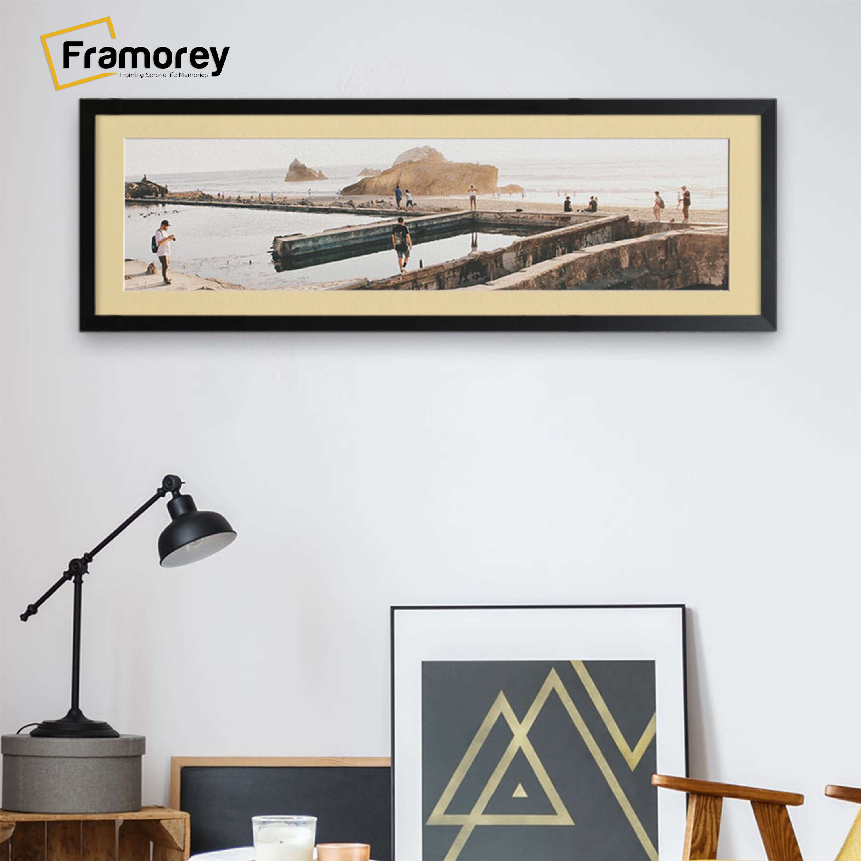 Thin Panoramic Solid Wood Black Pictures Frames With Ivory Mount