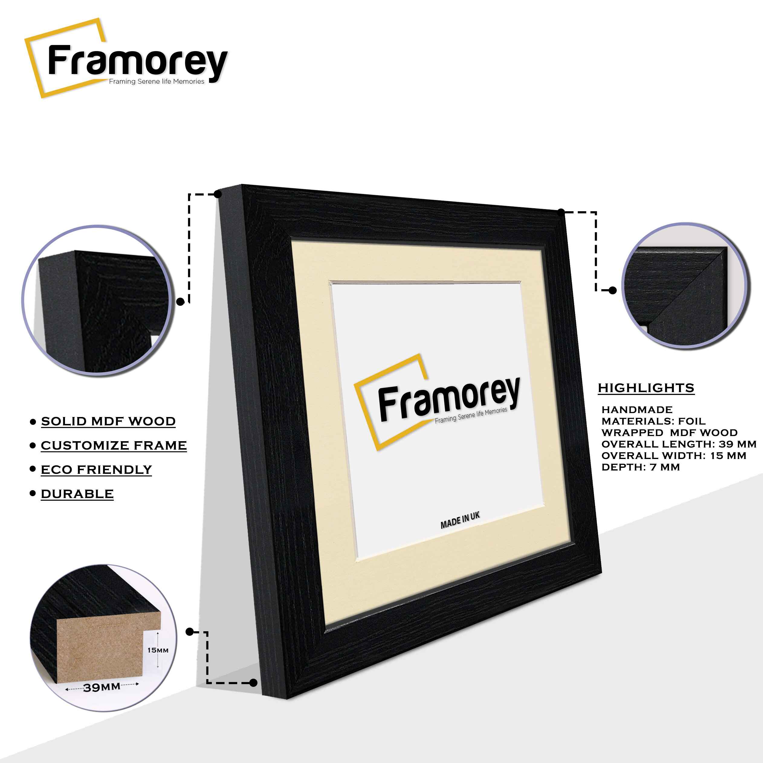 Square Size Black Picture Frames Handmade Wooden Photo Frames With Ivory Mount