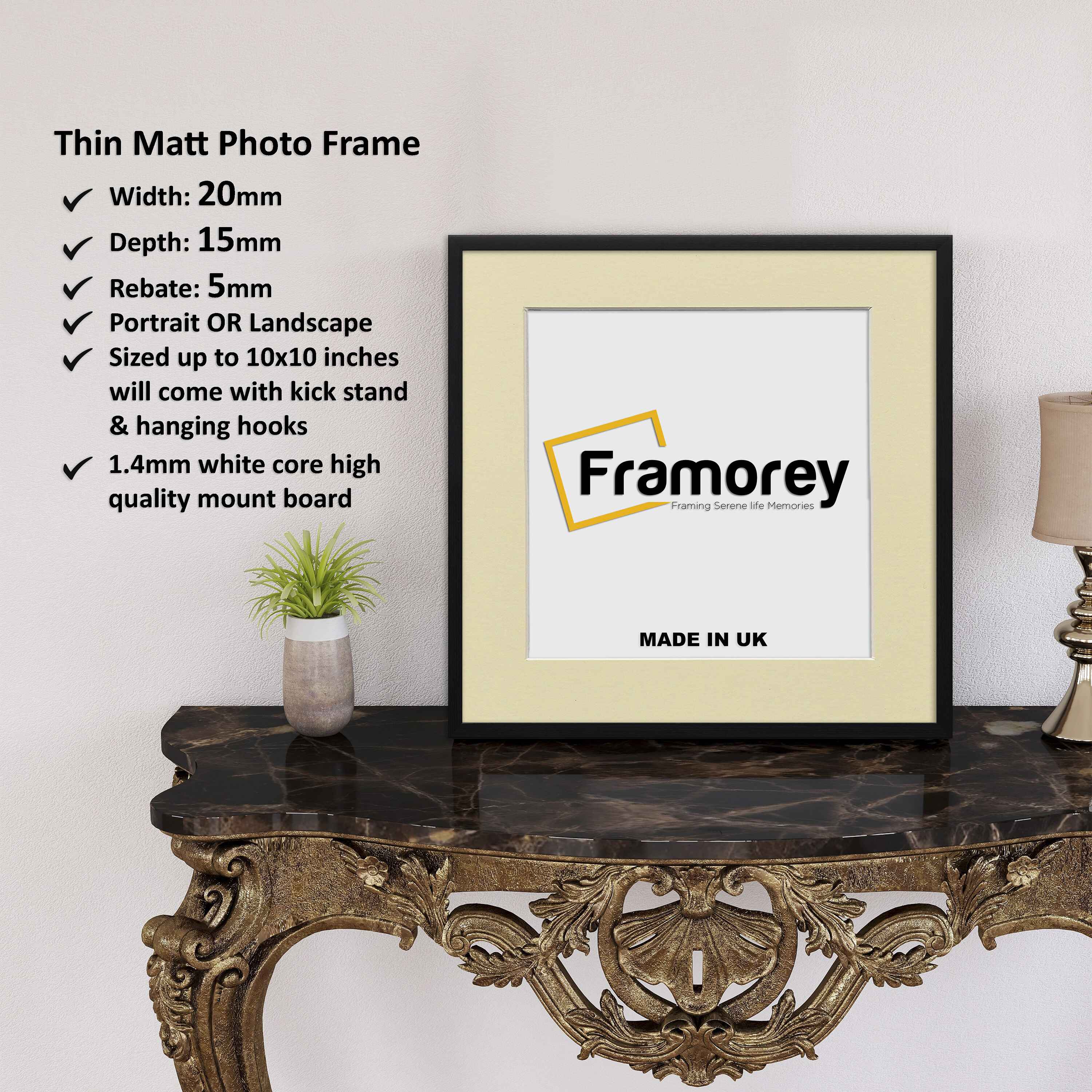 Square Size Thin Matt Black Picture Frames with Ivory Mount