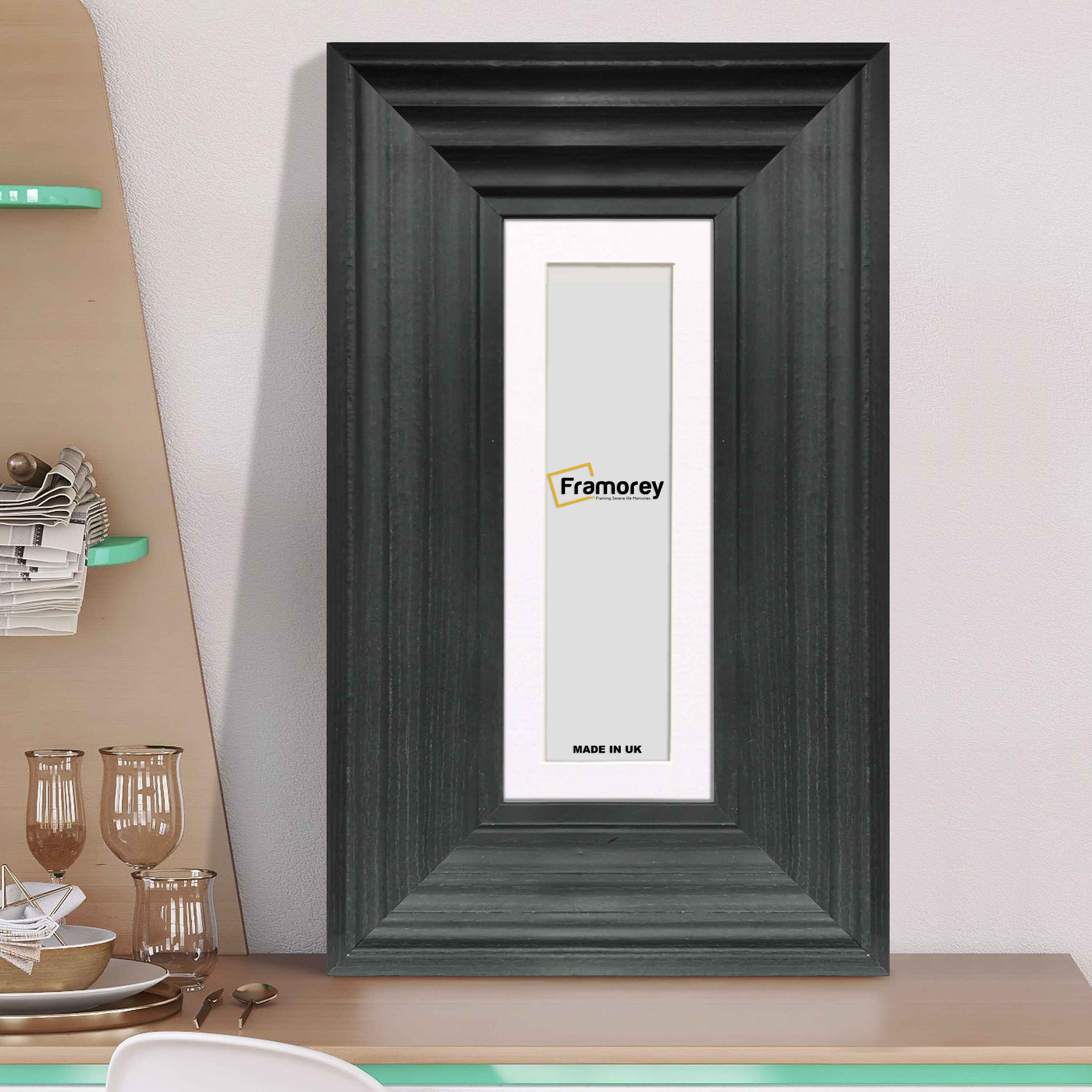 Panoramic Size Black Wooden Picture Frame Big Step, with White Mount