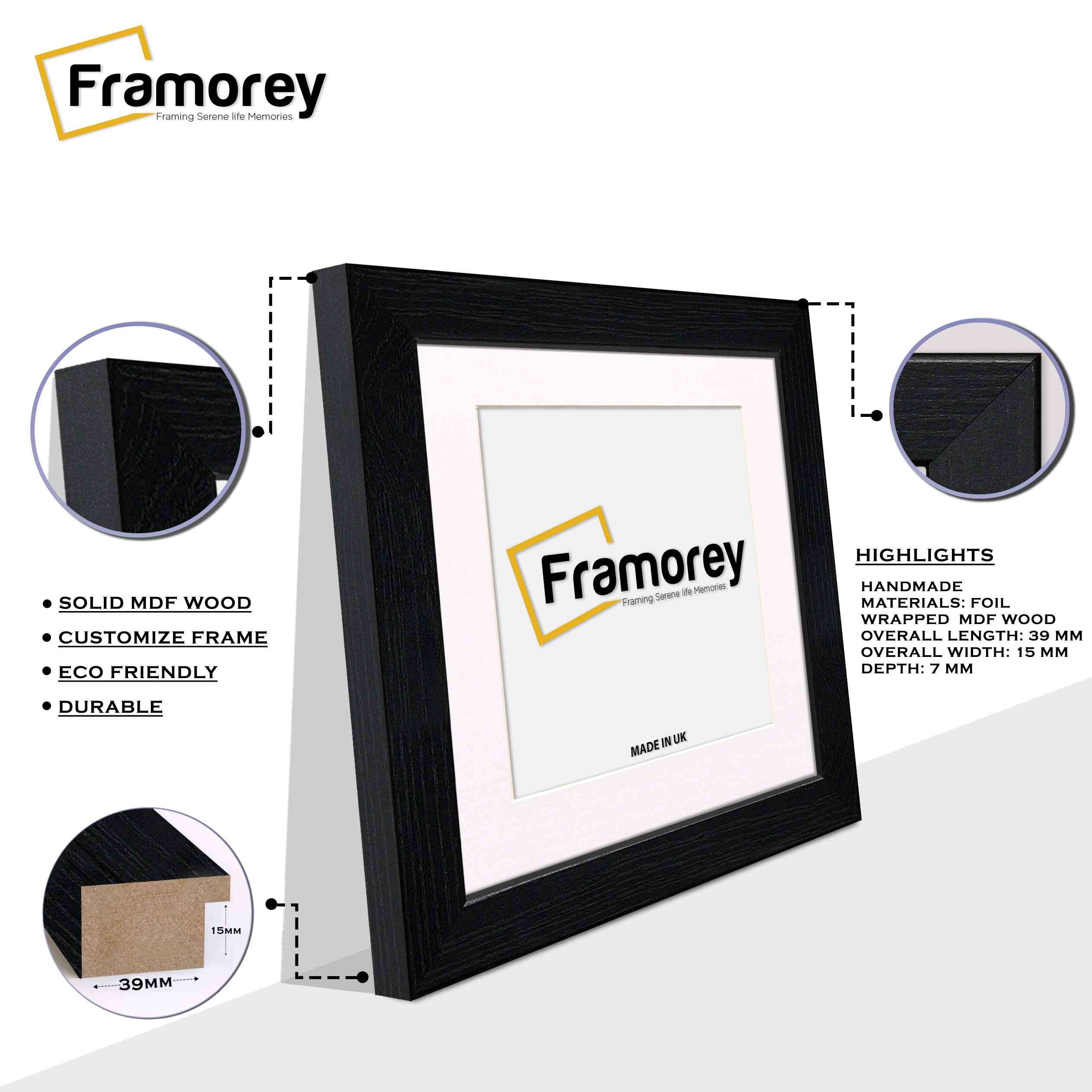 Square Size Black Picture Frames Handmade Wooden Photo Frames With White Mount