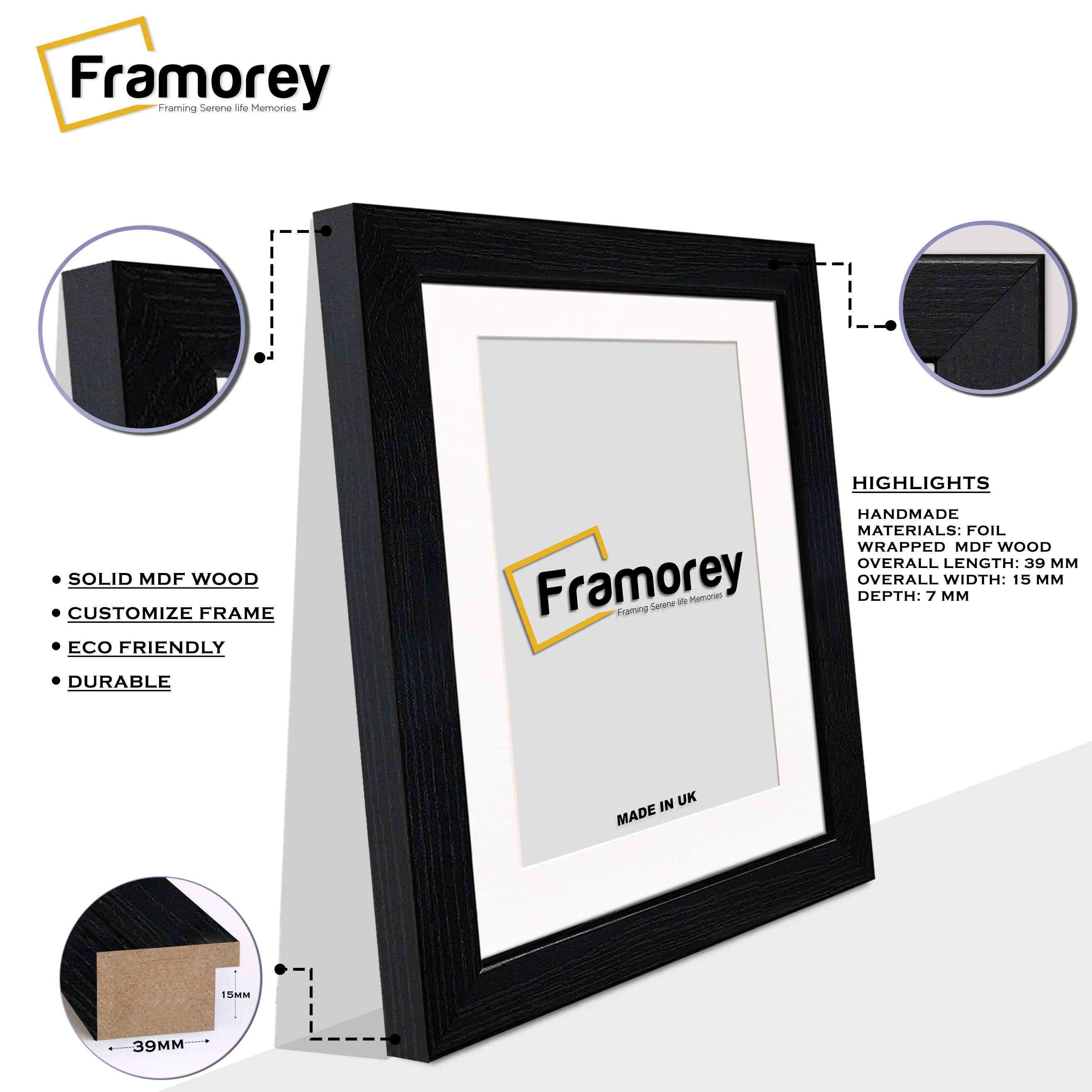 Black Picture Photo Frames Handmade Wooden Effect Poster Frames With White Mount