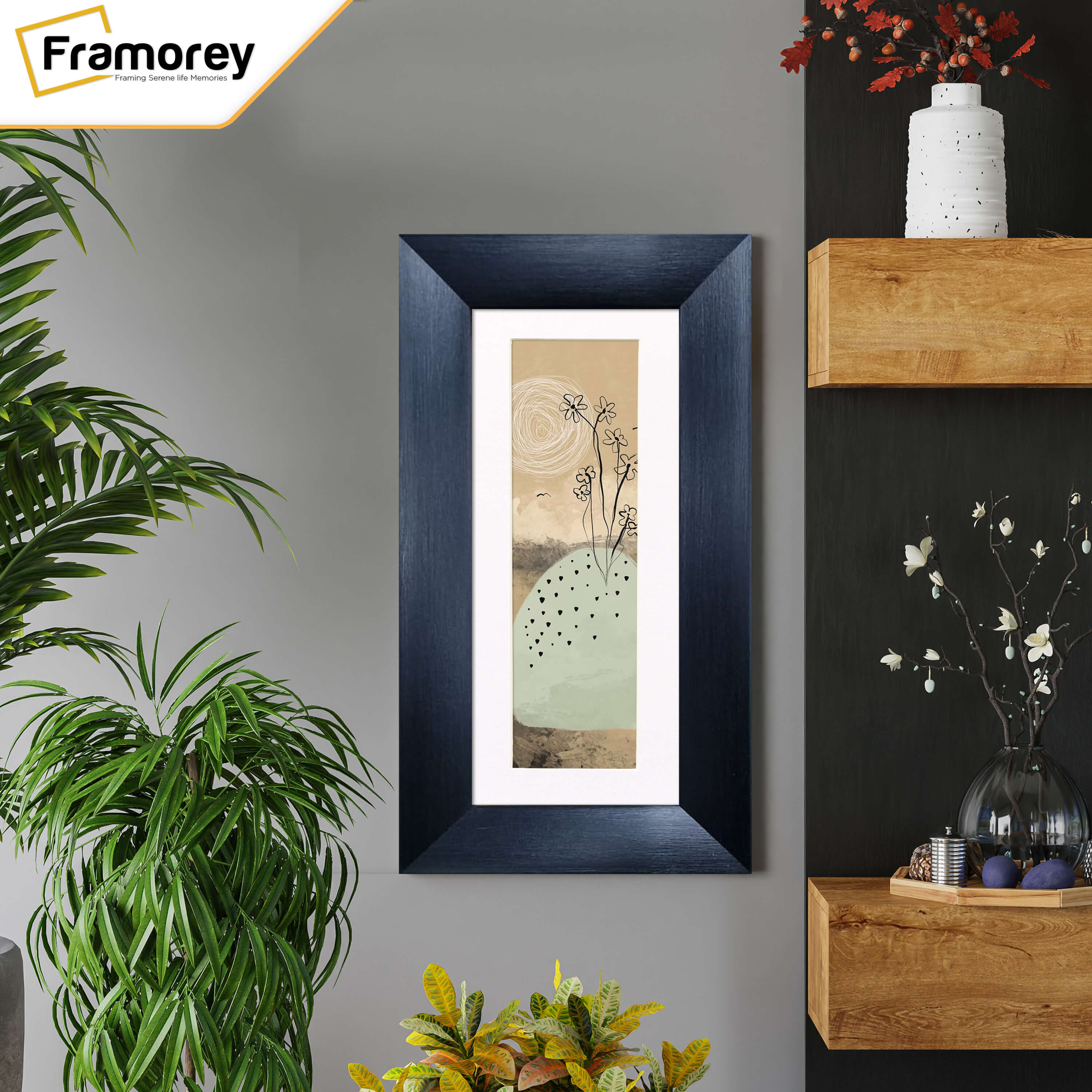 Panoramic Size Brushed Black Engraved Frames Handmade Poster Frames With White Mount