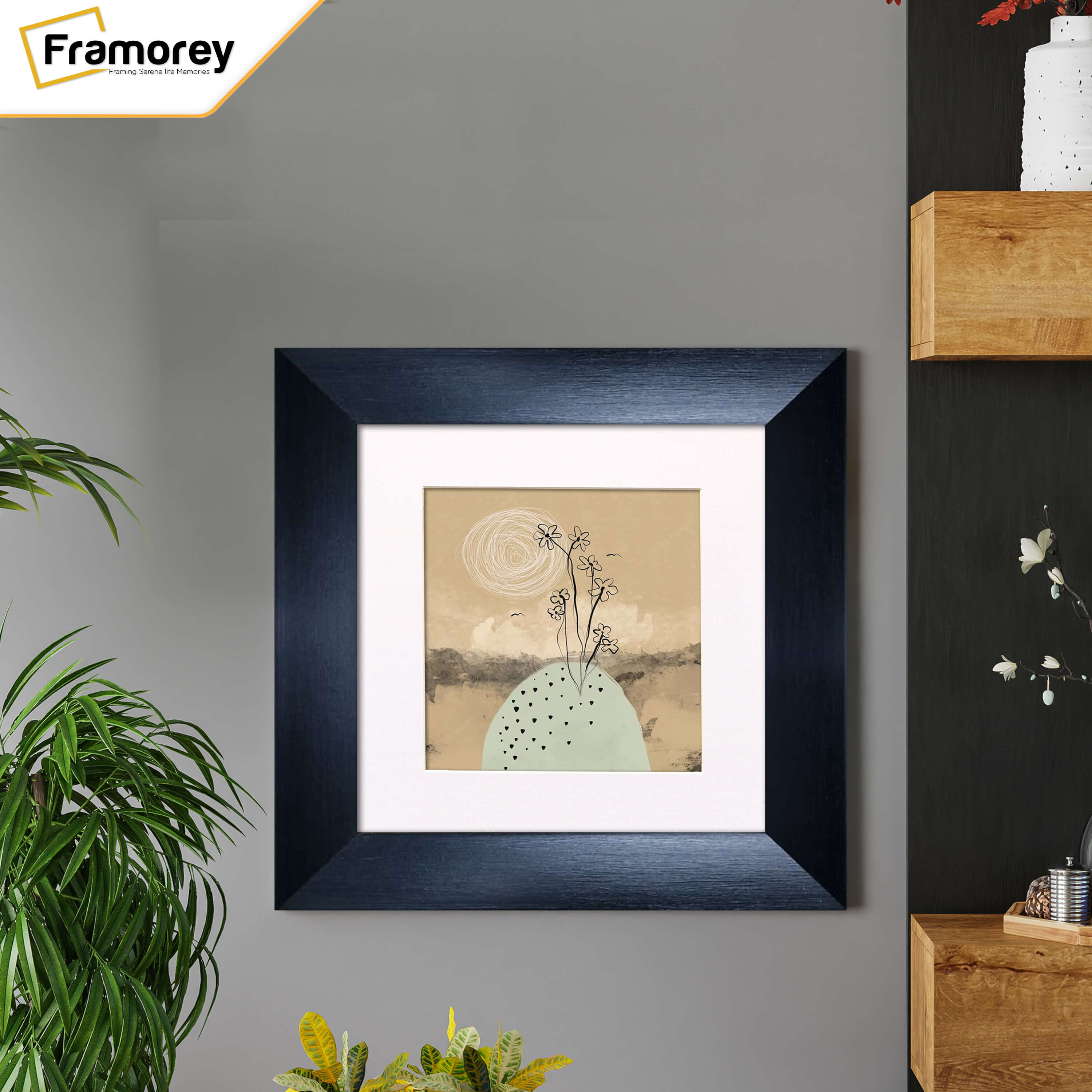 Square Size Brushed Black Picture Frames With White Mount