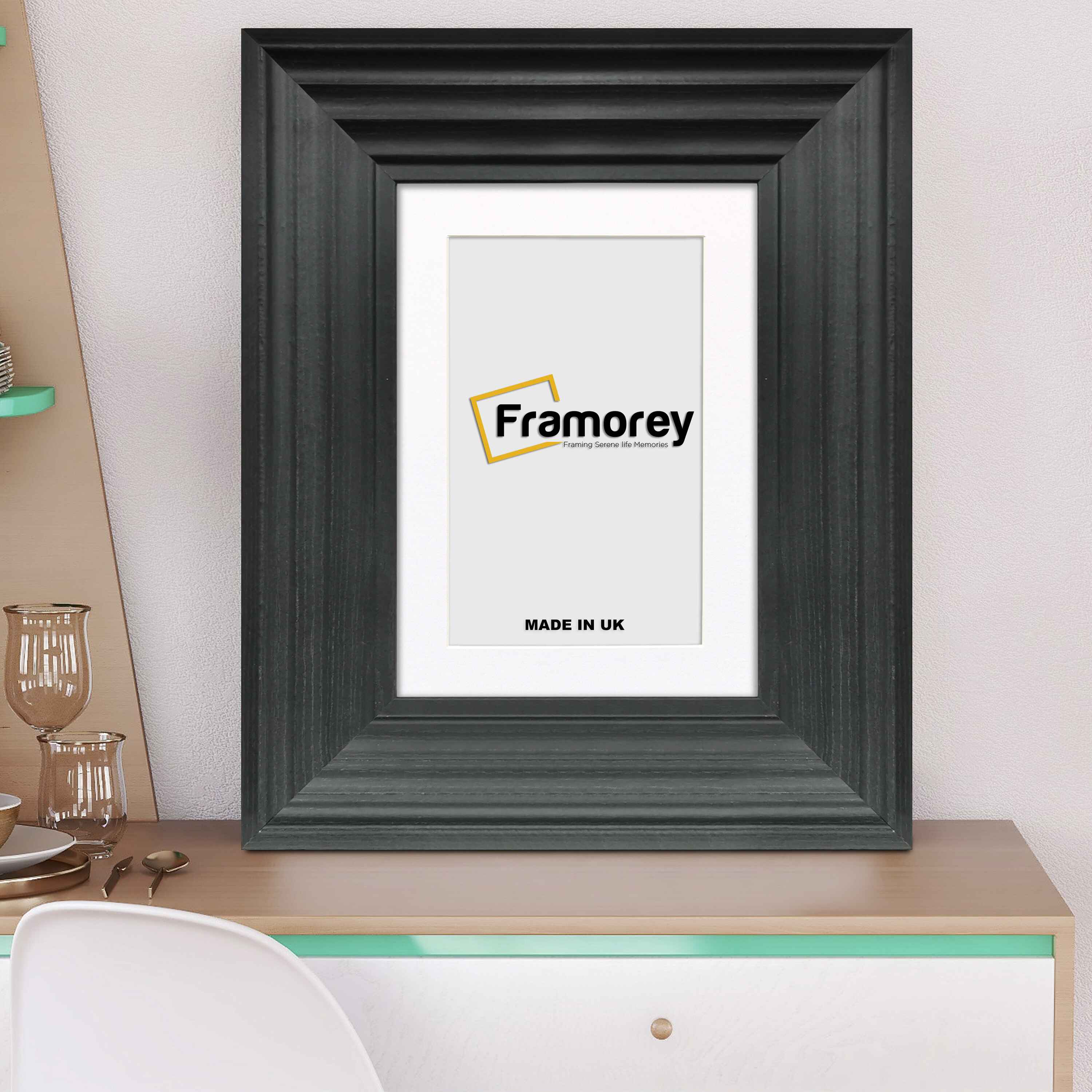 Black Wooden Picture Frames, Big Step Style with White Mount
