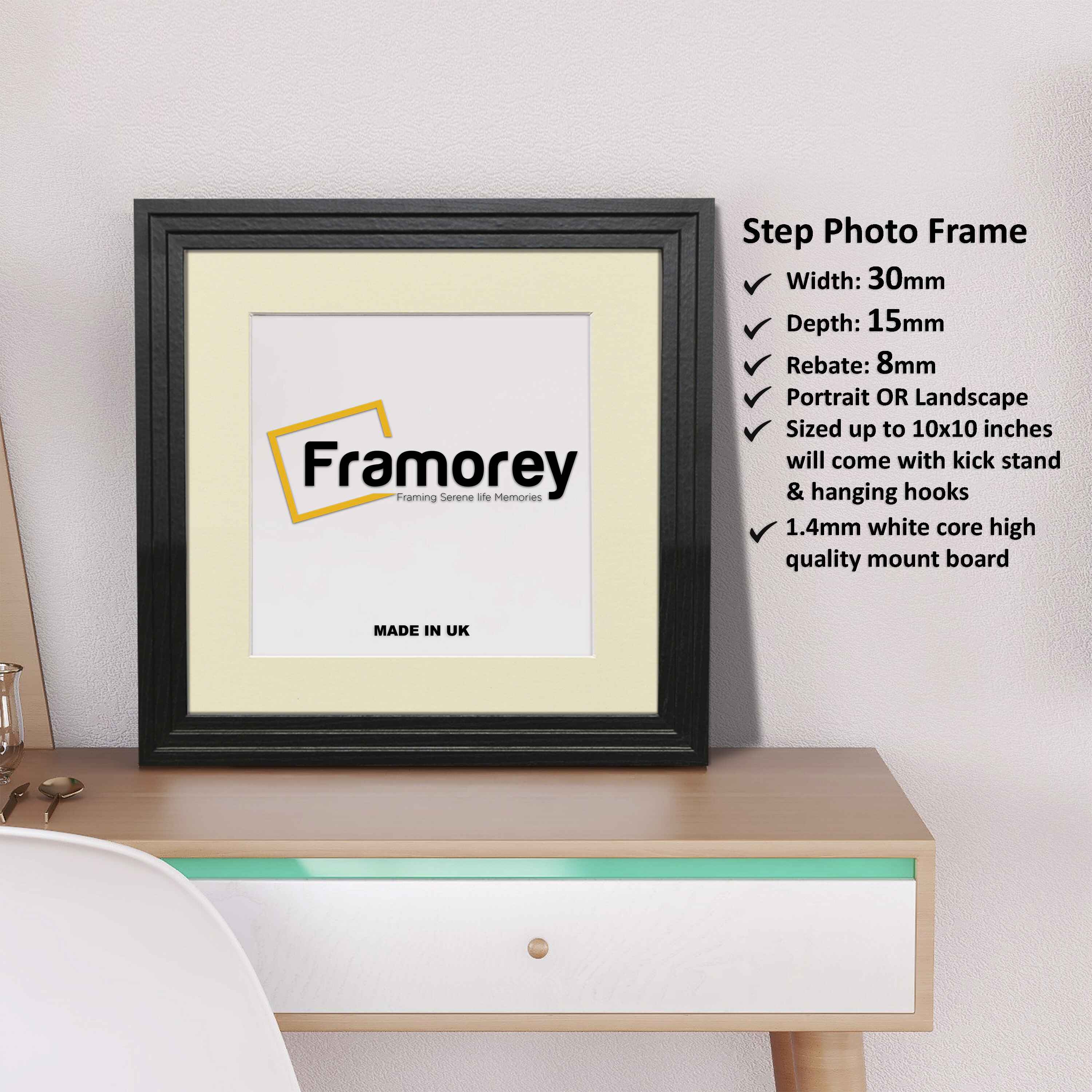 Step Style Square Size Black Picture Frame With Ivory Mount