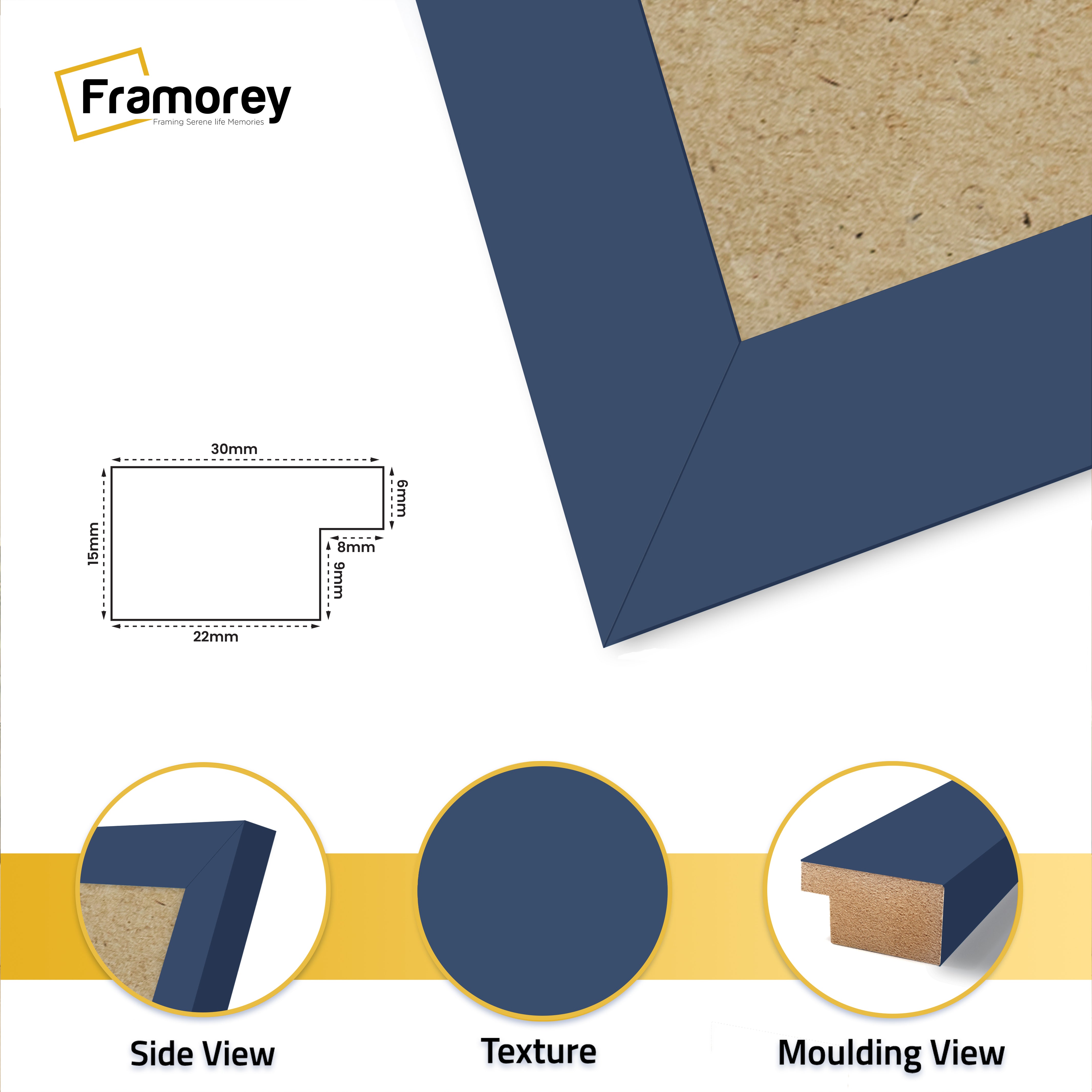 Blue Photo Frame - Wall Decor Frames. Side View, Texture, Moulding View.