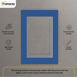 Blue Bevel Cut Mount with some measurements and some of its features described in this image.