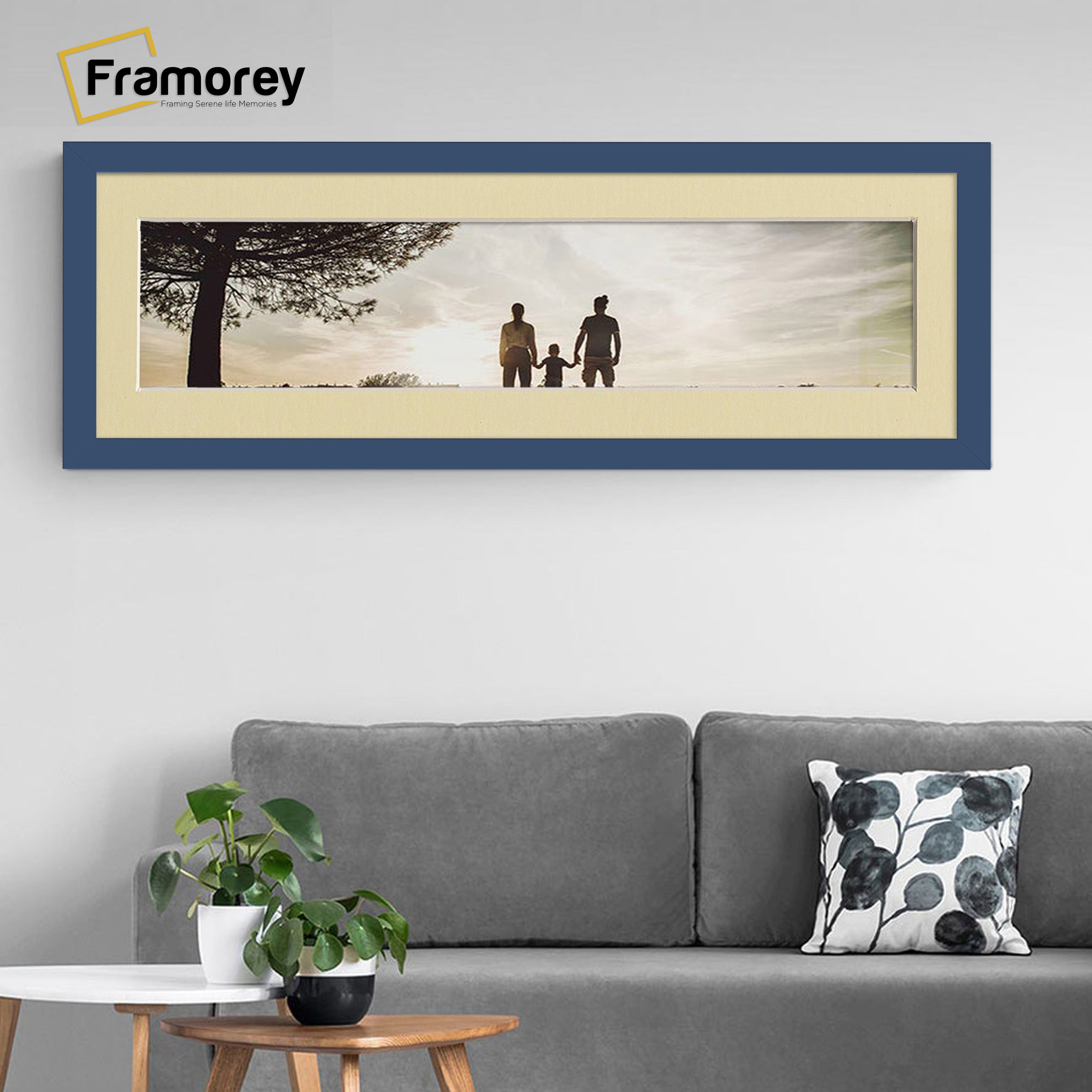 Panoramic Blue Picture Frame With Ivory Mount Wall Decor Frame