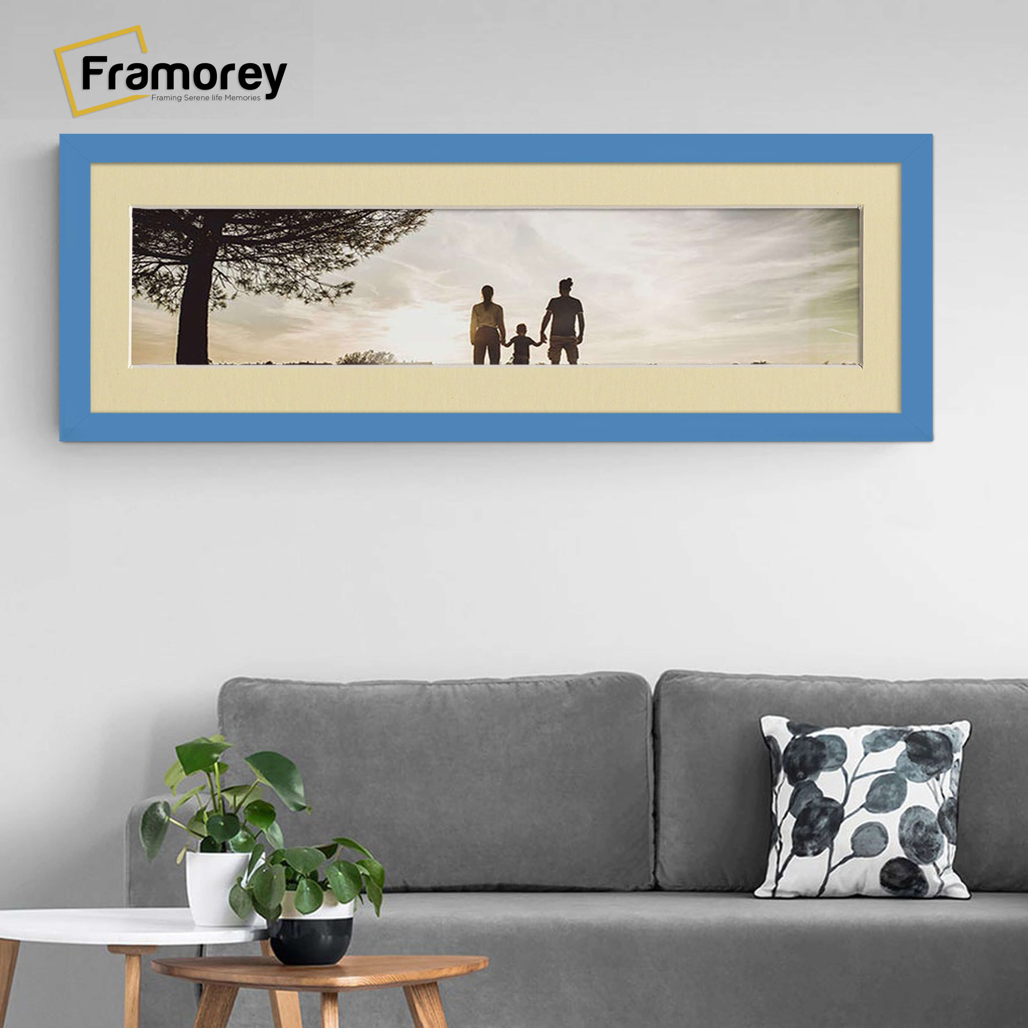 Panoramic Blue Picture Frame With Ivory Mount Wall Decor Frame