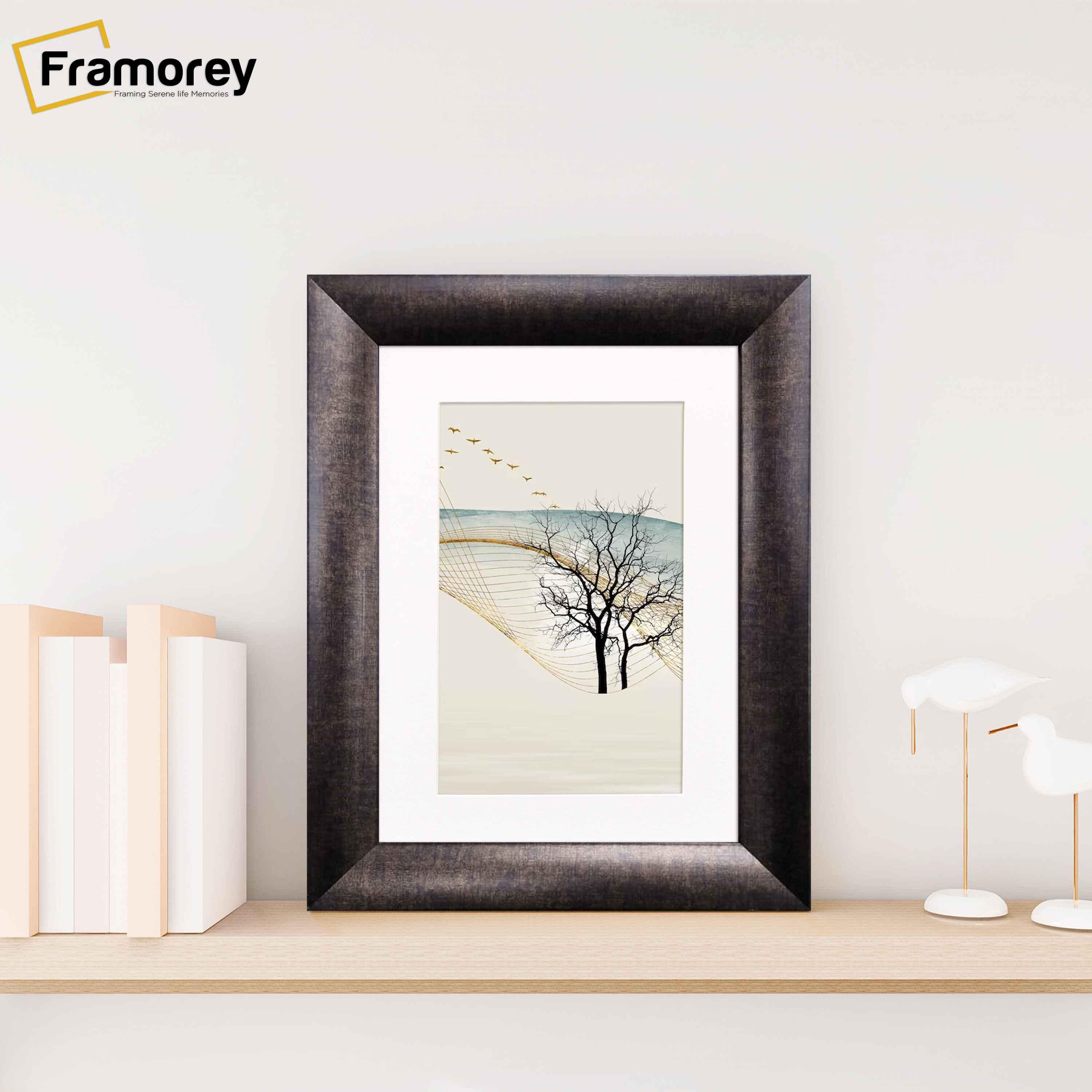 Gold Picture Frame White Mount Poster Frame is placed on wooden shelf