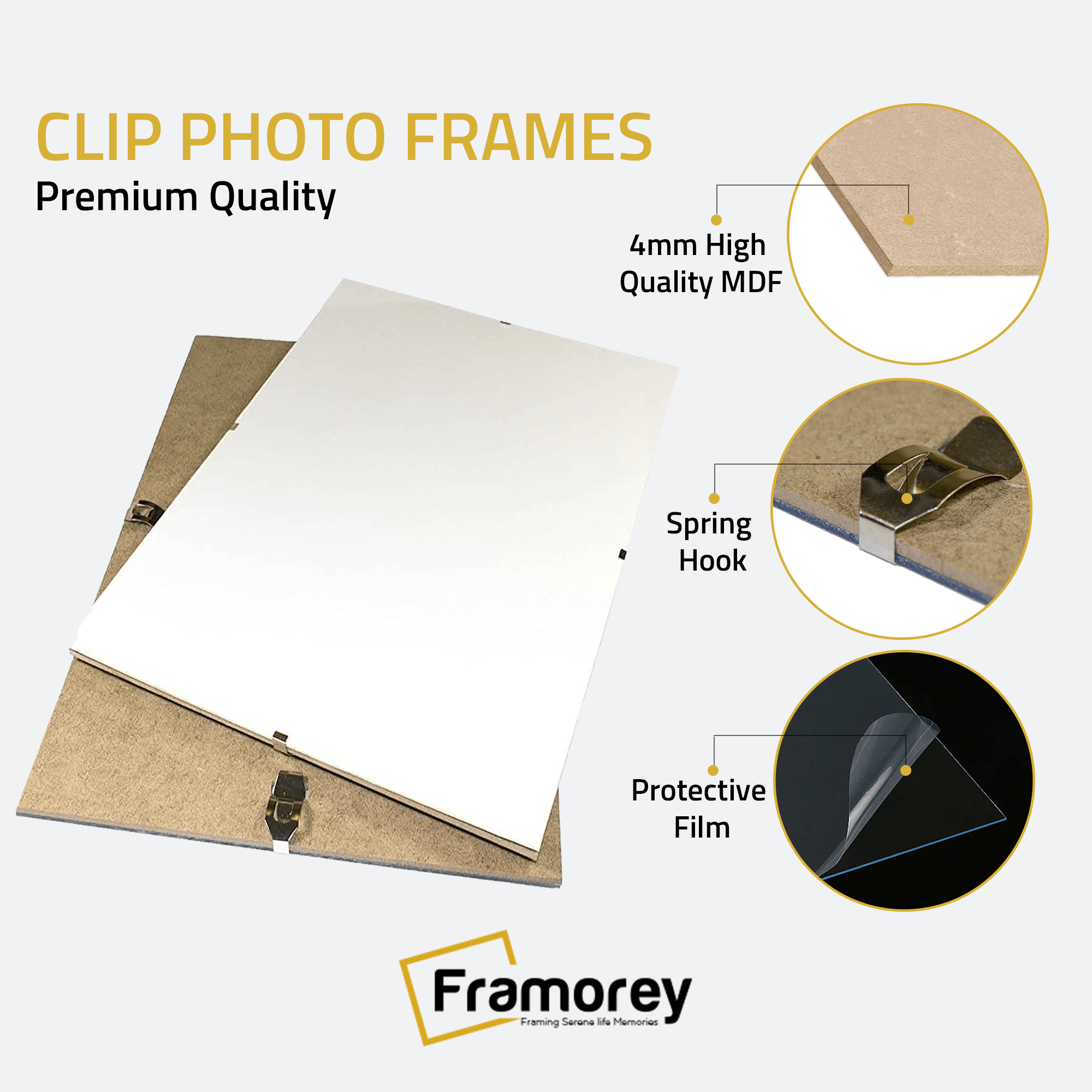 A clip photo frame and a Board is attached to the clips and some detail on its material and parts.