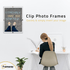 Clip Photo Frames Quickly and Simply insert your image and a a frame is hanging on a wall with some shown clips that attaches a picture frame with the back board and a lady is sitting on a chair and writing something on a note book.