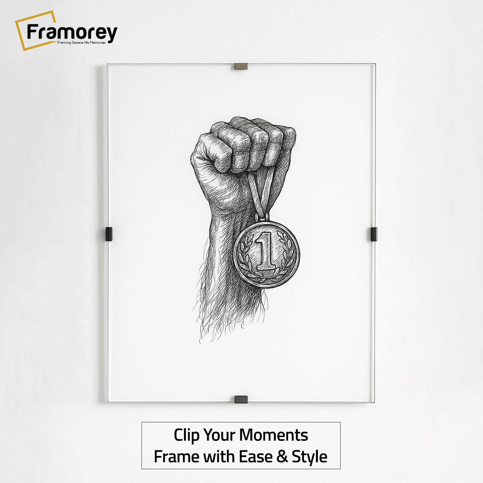 Clip photo frames, Frameless Clip your Moments Frame with Ease and Style and a medal is in a hand.