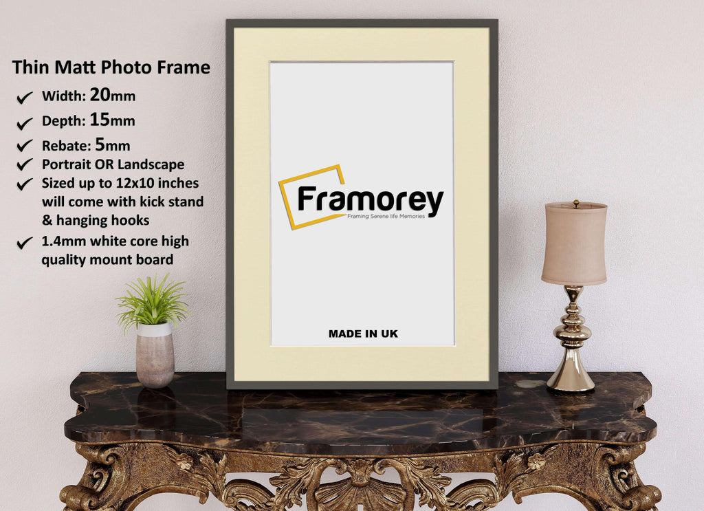 Thin Dark Grey Photo Frame With Ivory Mount Flat Wooden Effect Picture Frame Maxi Art Poster Frames - FRAMOREY