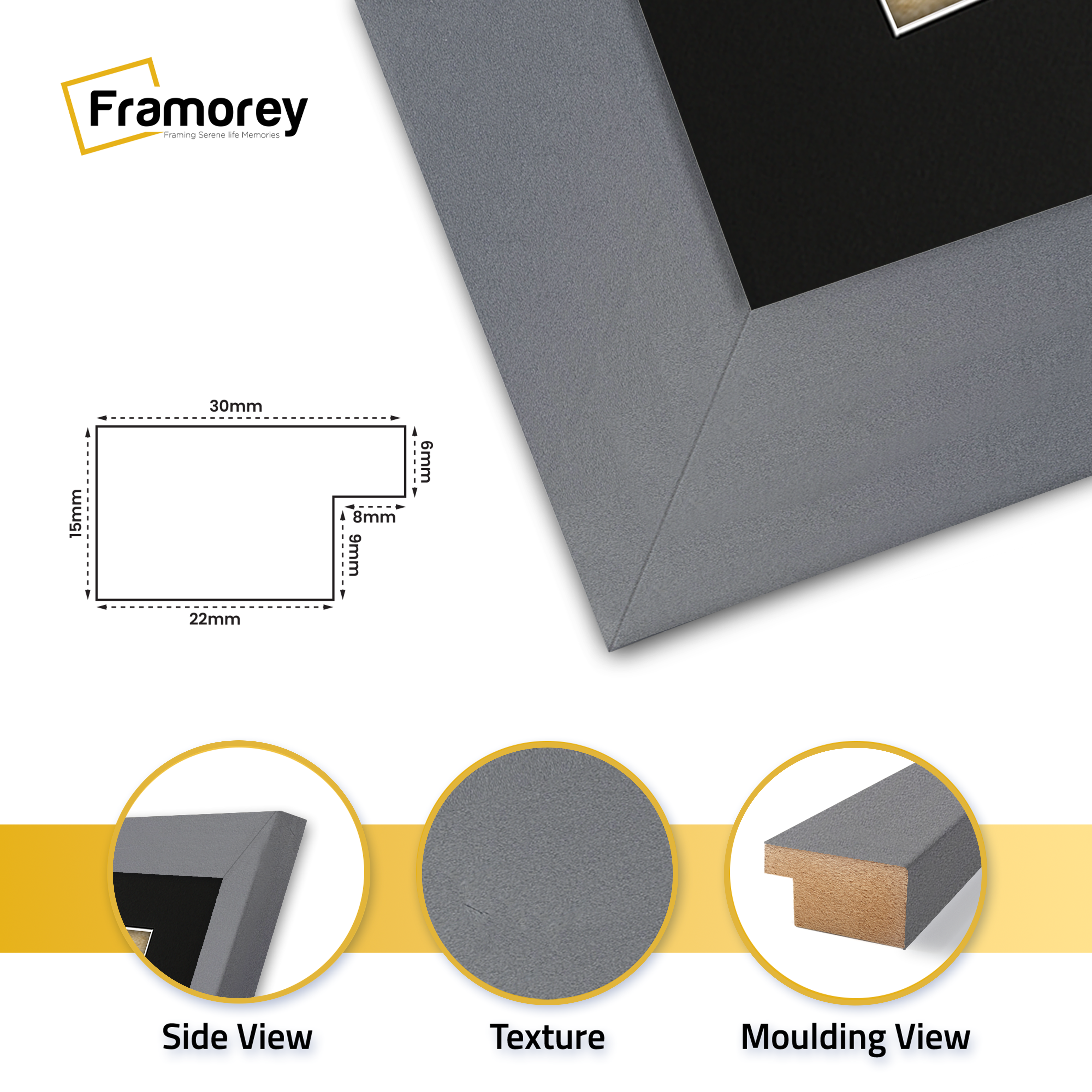 close view of Dark Grey Picture frame featuring side view texture and molding view